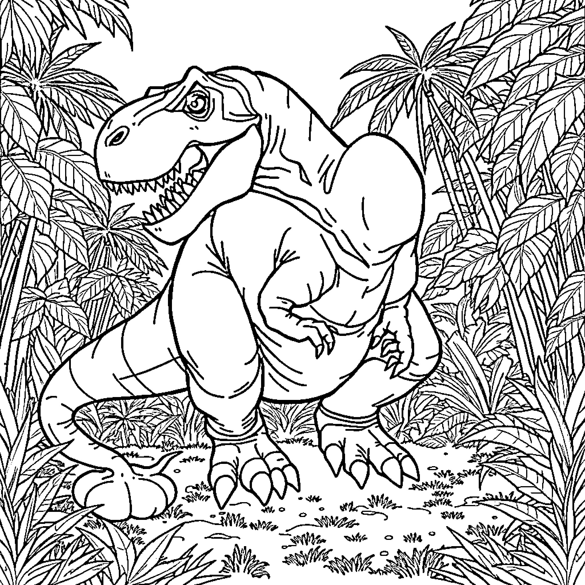 T-Rex exploring the lush, prehistoric jungle Coloring Page (free black-and-white line drawing printable PDF for all, from beginners to advanced learners, including children, teens, adults, and seniors)