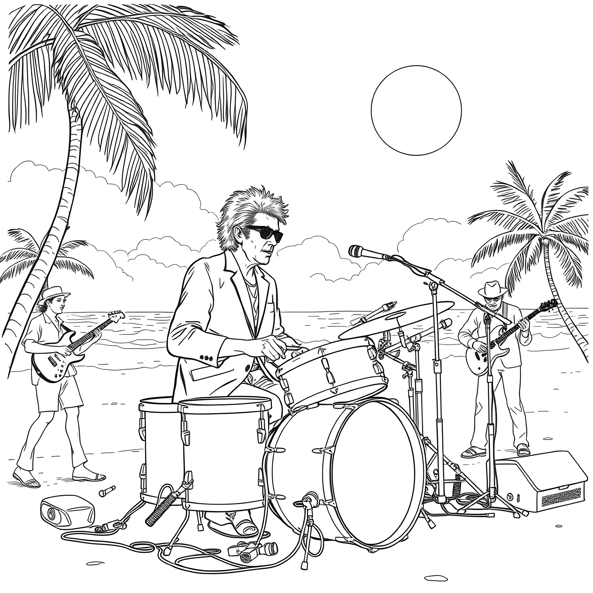 Bob Dylan performing live on a tropical beach Coloring Page (free black-and-white line drawing printable PDF for all, from beginners to advanced learners, including children, teens, adults, and seniors)