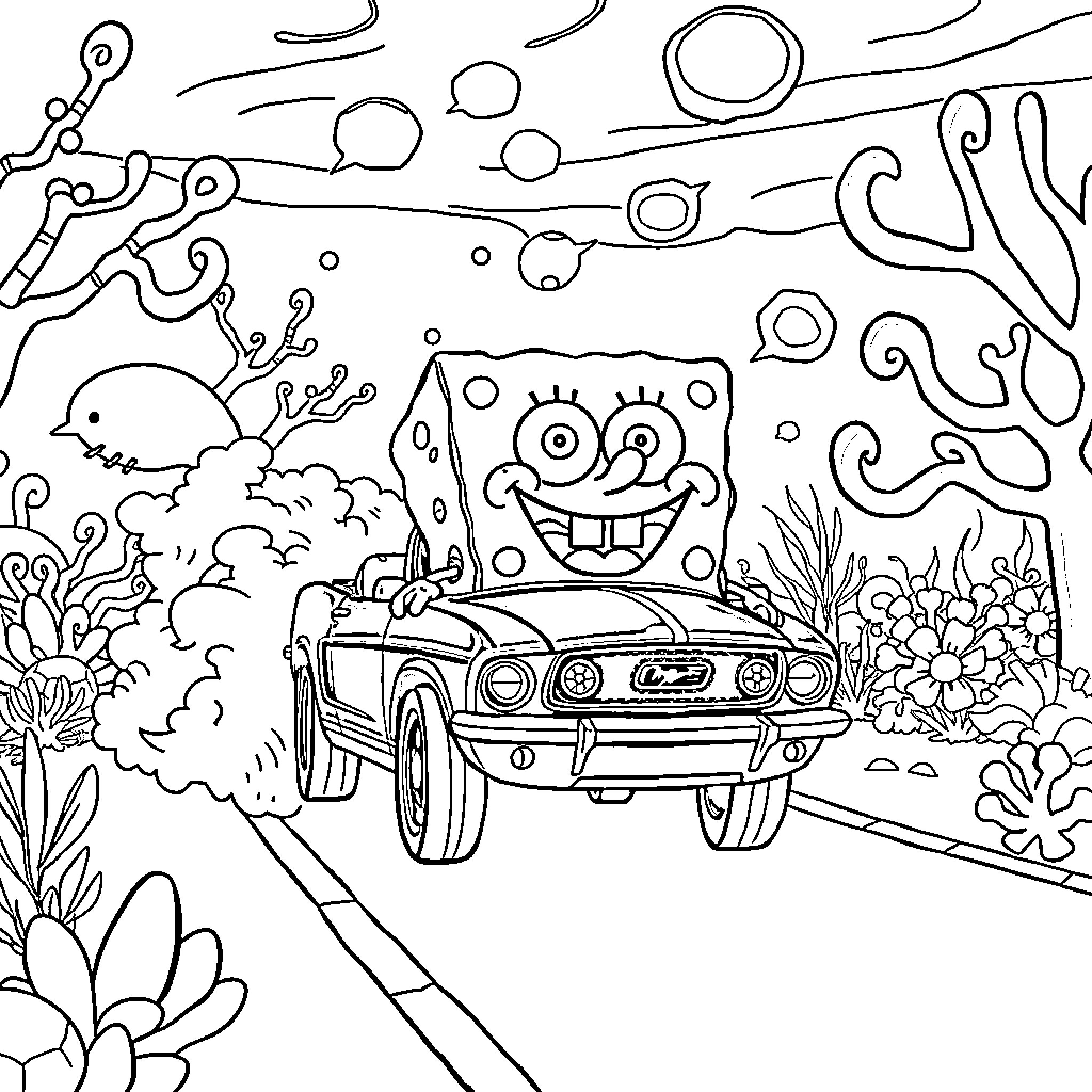 Spongebob driving a car in a surreal underwater world Coloring Page (free black-and-white line drawing printable PDF for all, from beginners to advanced learners, including children, teens, adults, and seniors)