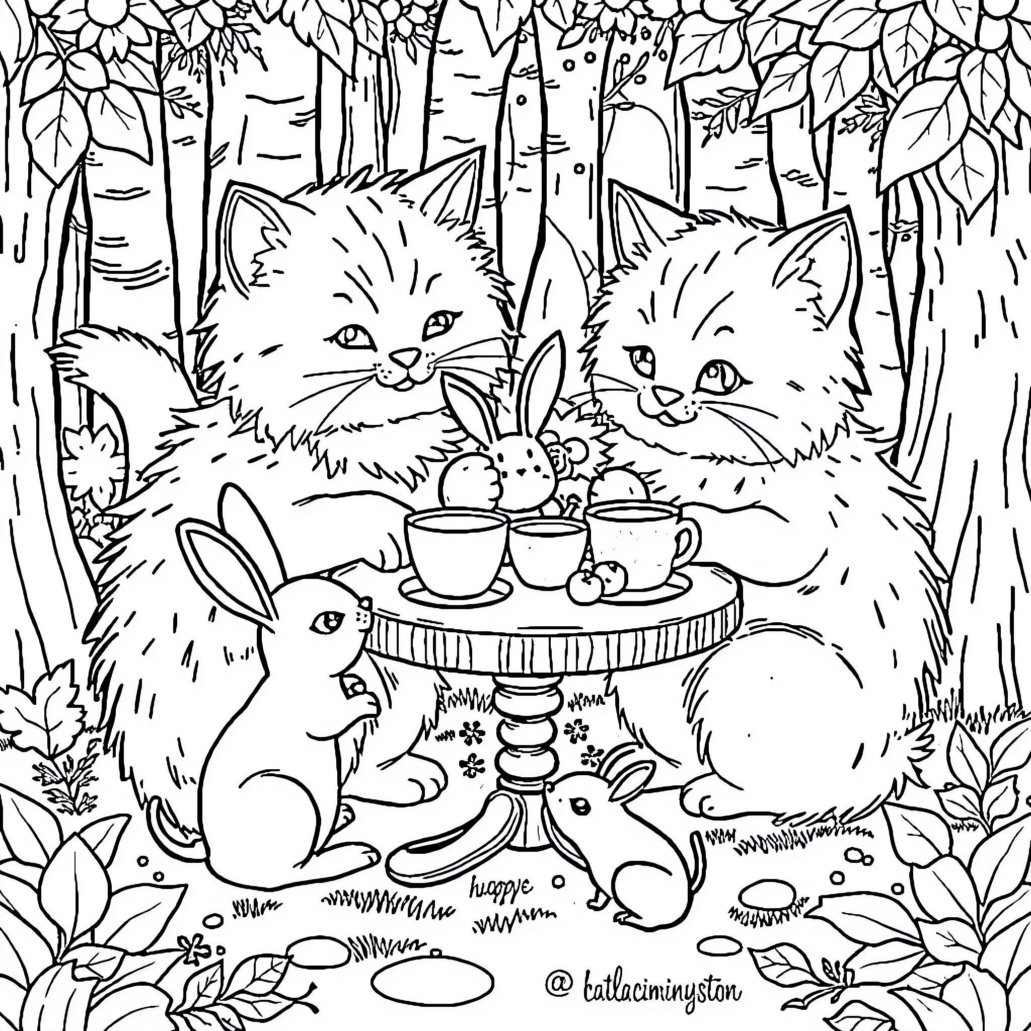 Cat Enjoying Tea Party in the Forest Coloring Page (free black-and-white line drawing printable PDF for all, from beginners to advanced learners, including children, teens, adults, and seniors)