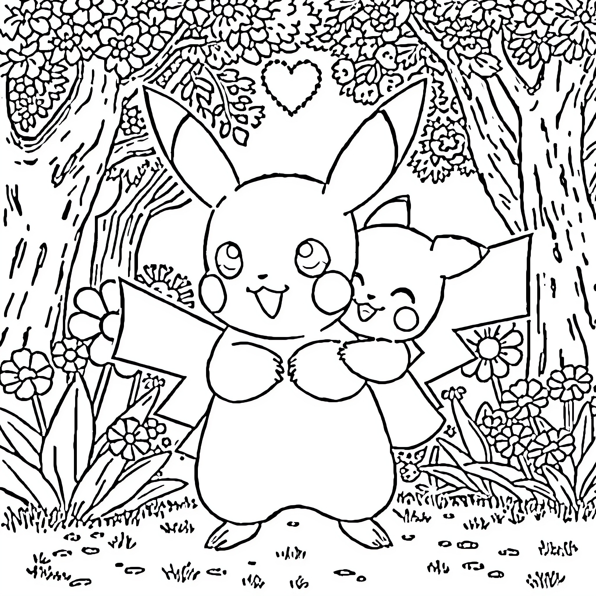 Pikachu playing in a floral forest Coloring Page (free black-and-white line drawing printable PDF for all, from beginners to advanced learners, including children, teens, adults, and seniors)
