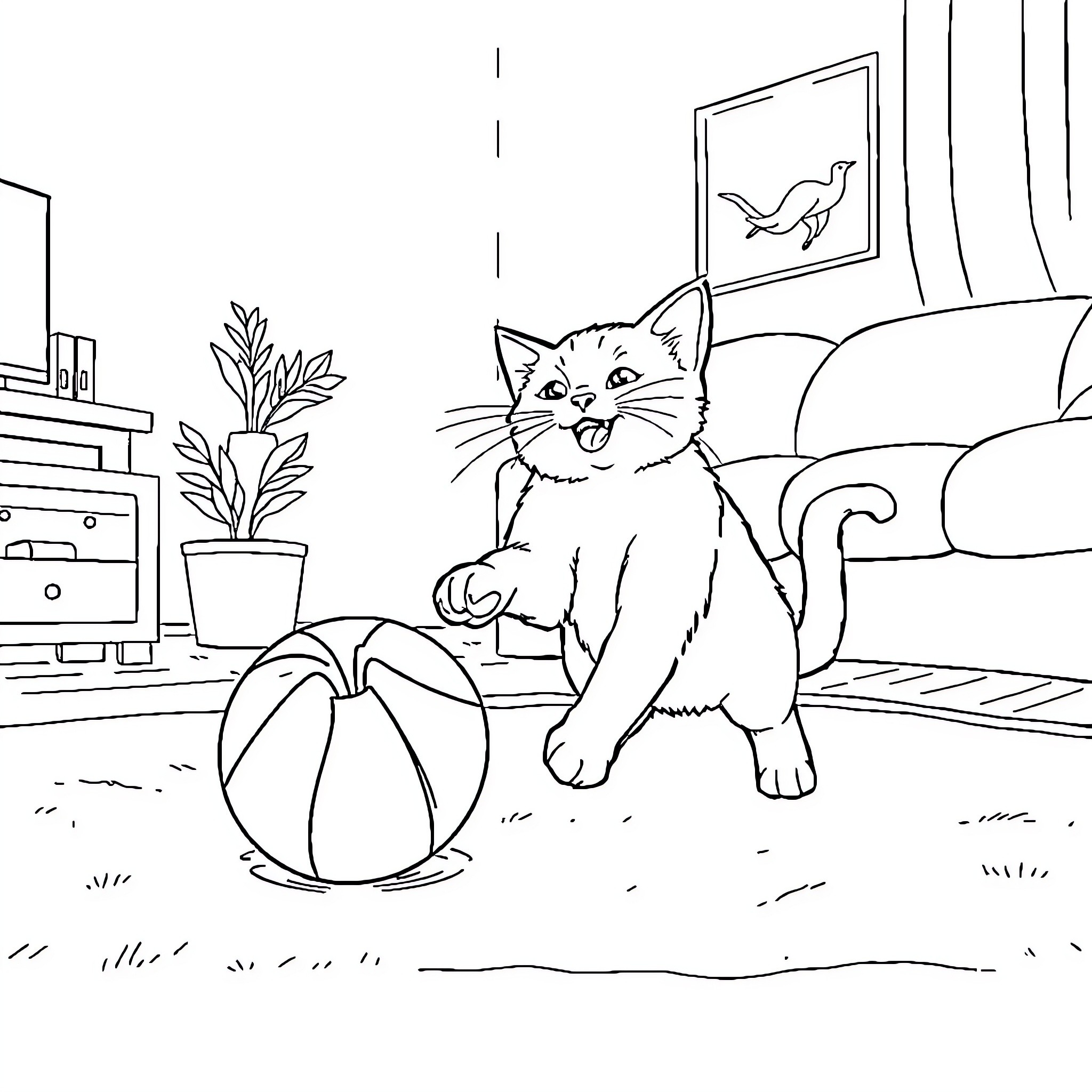Cat playing joyfully with a ball in the living room Coloring Page (free black-and-white line drawing printable PDF for all, from beginners to advanced learners, including children, teens, adults, and seniors)