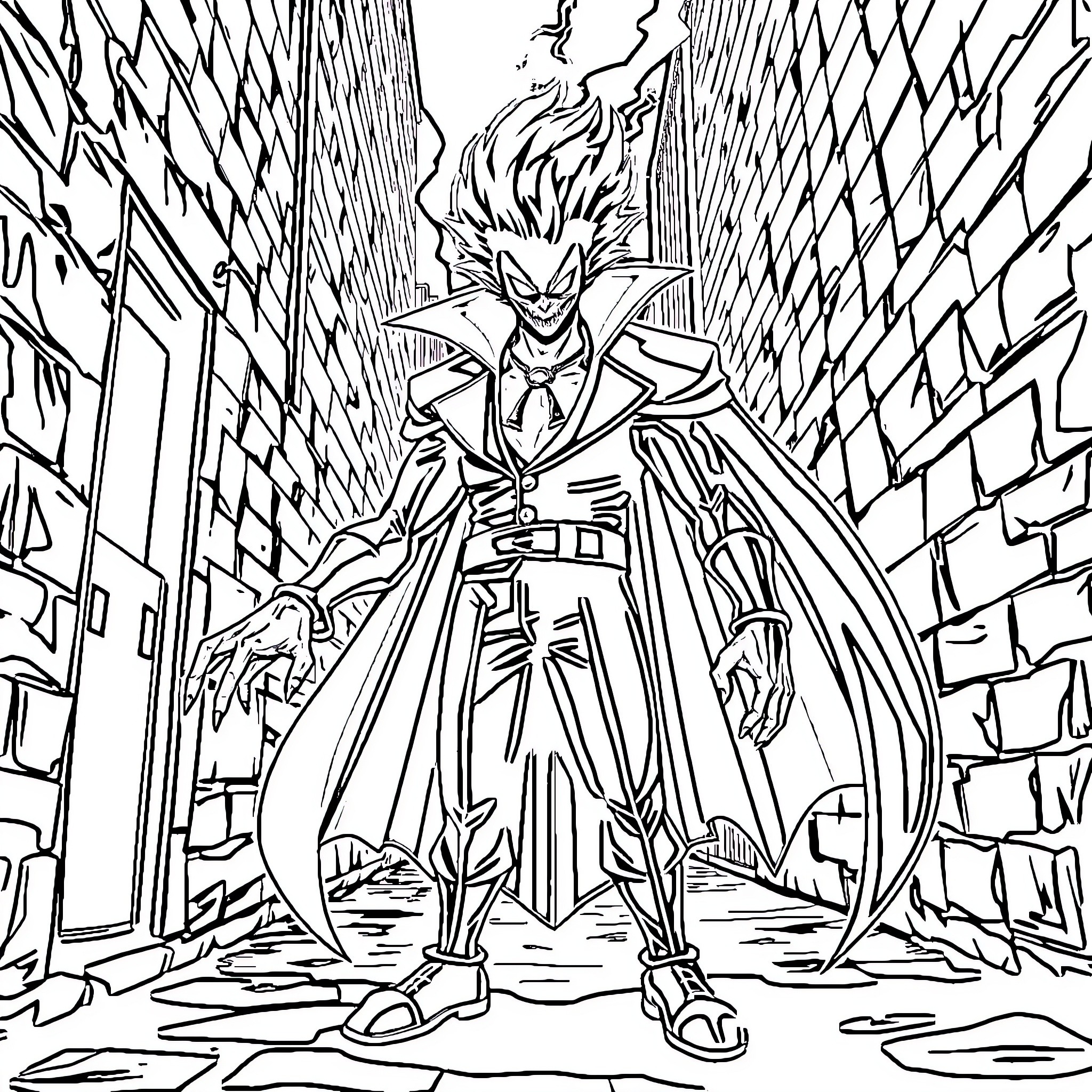All For One: Heroic Vigilante Strikes Dramatic Pose Coloring Page (free black-and-white line drawing printable PDF for all, from beginners to advanced learners, including children, teens, adults, and seniors)