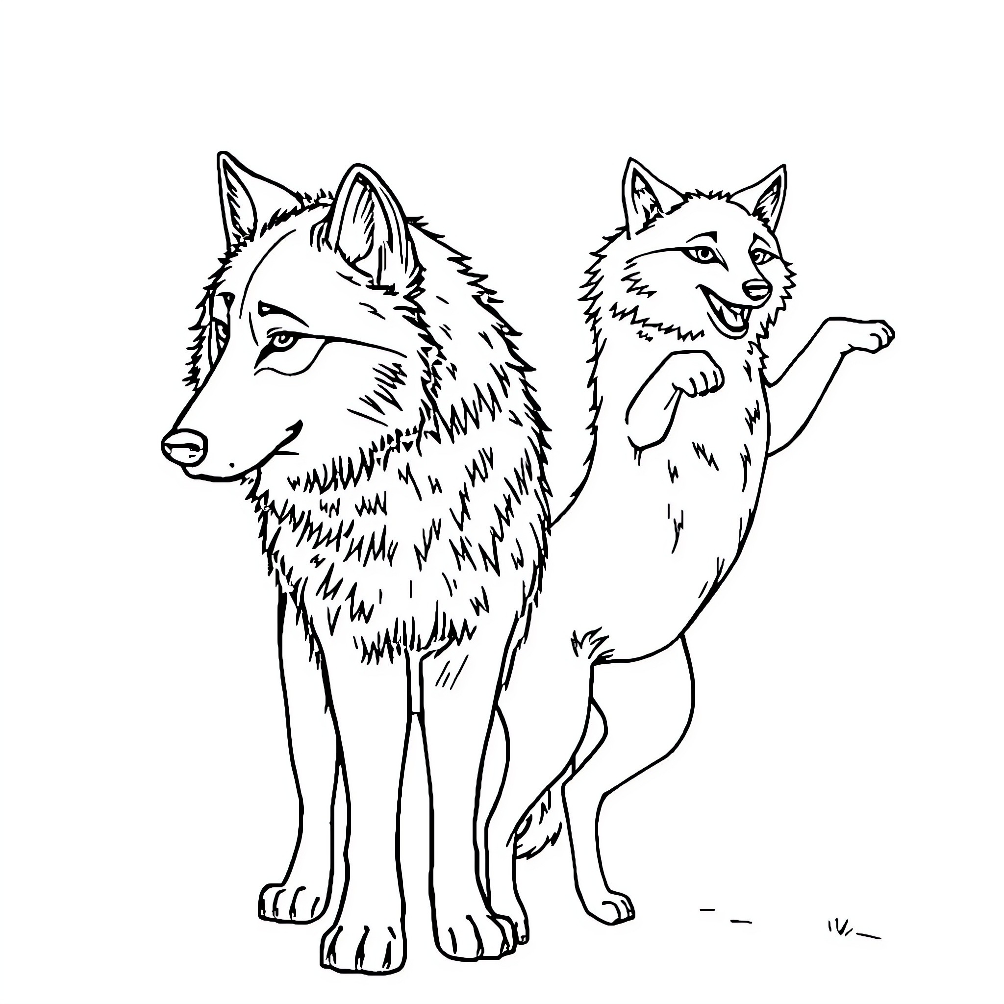 Wolves in playful posture Coloring Page (free black-and-white line drawing printable PDF for all, from beginners to advanced learners, including children, teens, adults, and seniors)