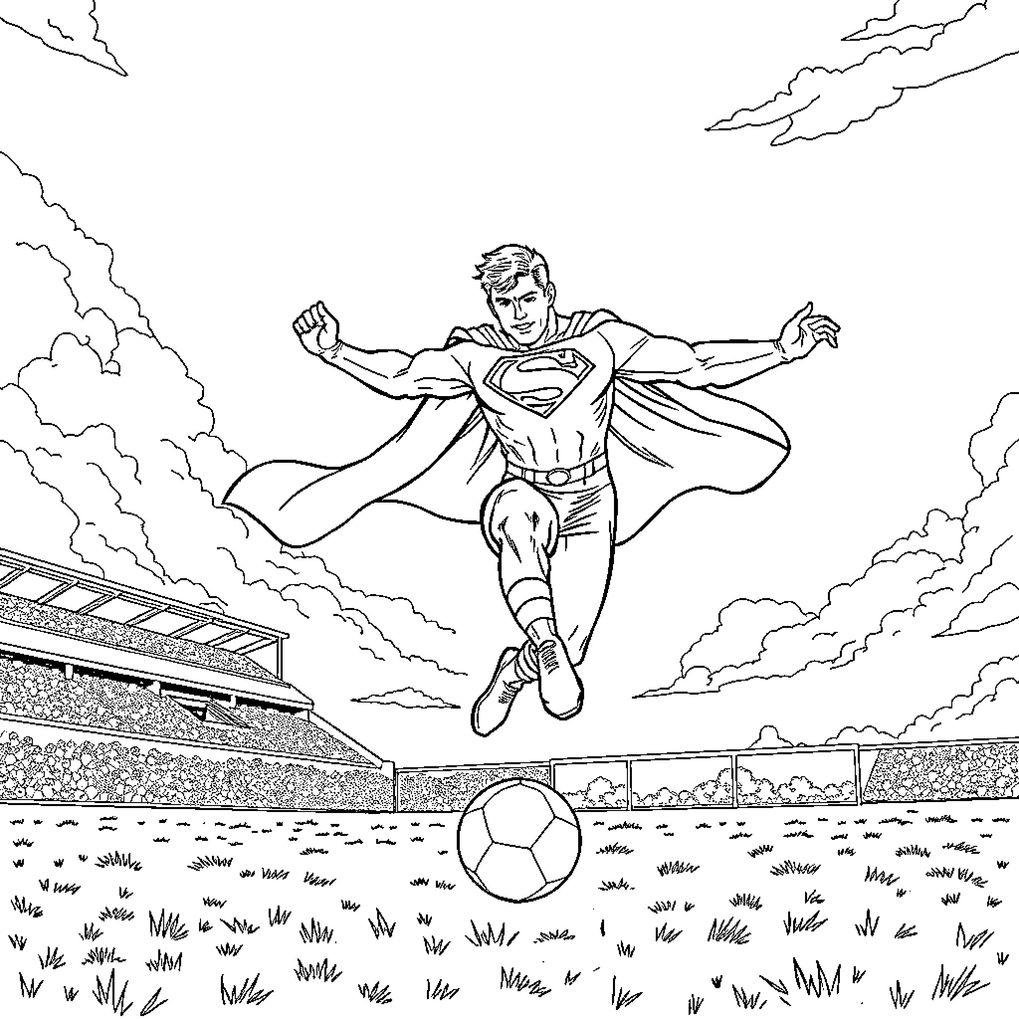 Superman soaring heroically over a sports stadium Coloring Page (free black-and-white line drawing printable PDF for all, from beginners to advanced learners, including children, teens, adults, and seniors)