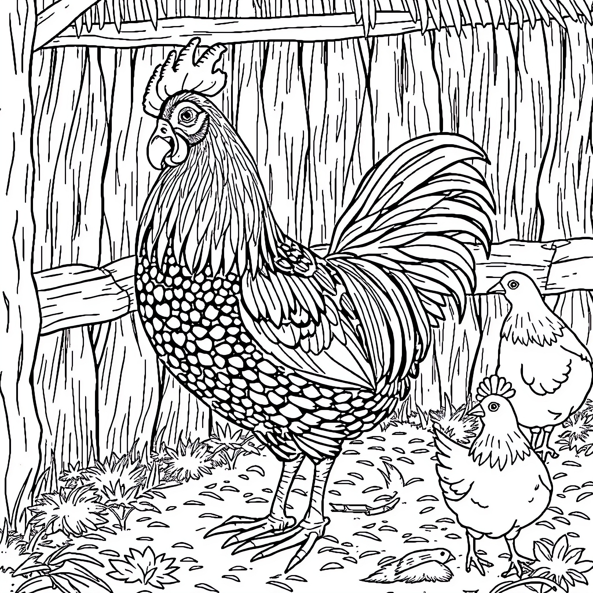 Rooster ruling the roost with chicks in the garden Coloring Page (free black-and-white line drawing printable PDF for all, from beginners to advanced learners, including children, teens, adults, and seniors)
