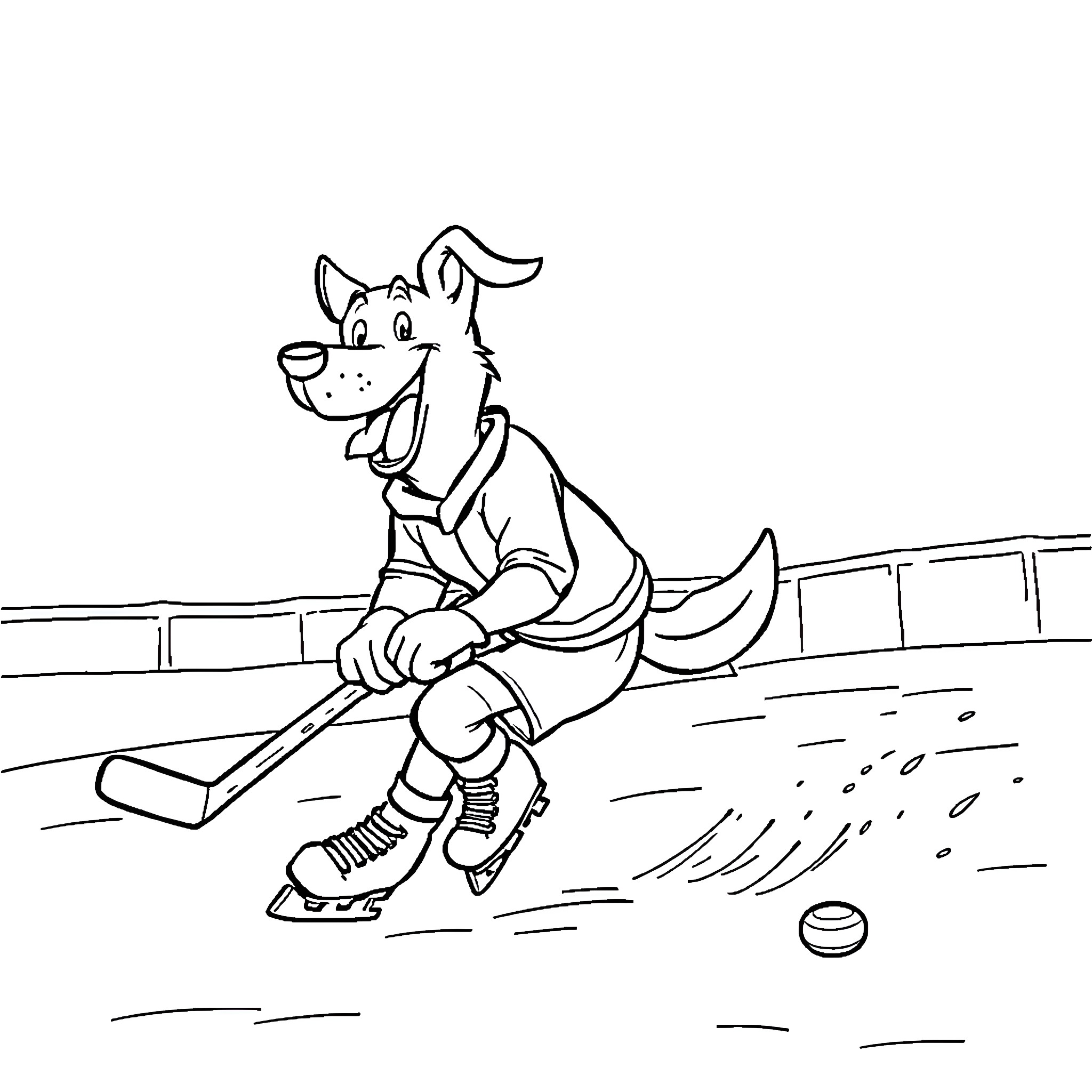 Dogman playing hockey on the ice rink Coloring Page (free black-and-white line drawing printable PDF for all, from beginners to advanced learners, including children, teens, adults, and seniors)