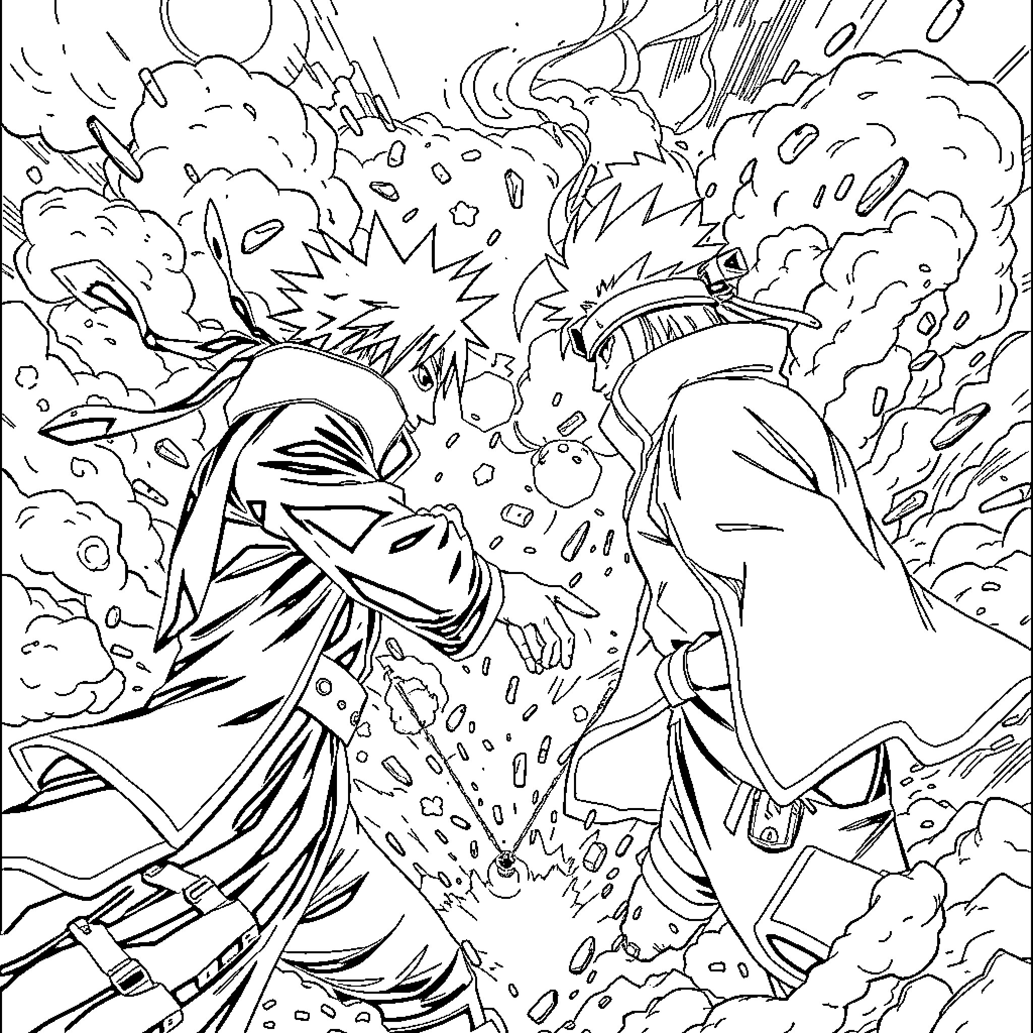 Minato Characters Engage in Epic Battle Coloring Page (free black-and-white line drawing printable PDF for all, from beginners to advanced learners, including children, teens, adults, and seniors)