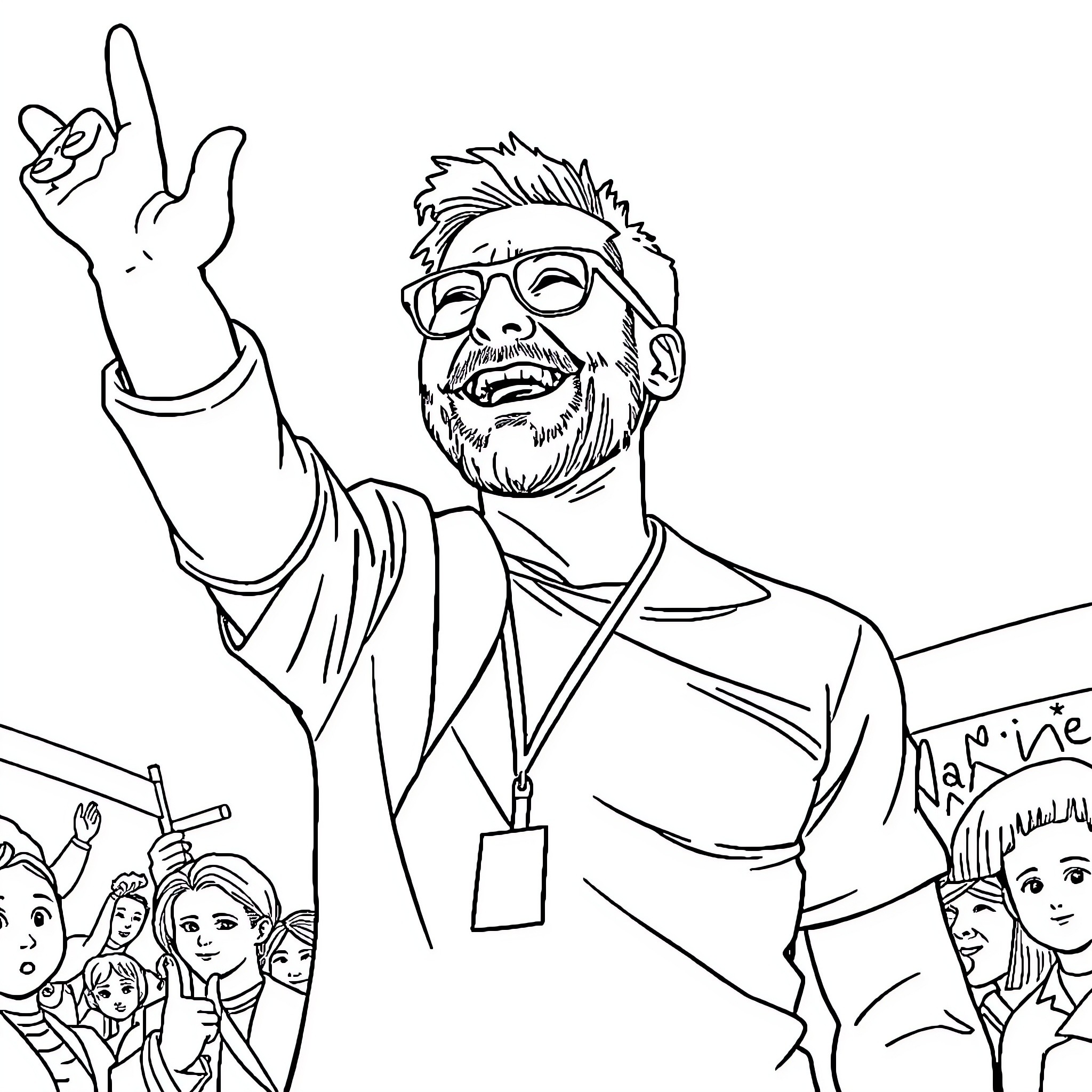 Char addressing a crowd with enthusiasm Coloring Page (free black-and-white line drawing printable PDF for all, from beginners to advanced learners, including children, teens, adults, and seniors)