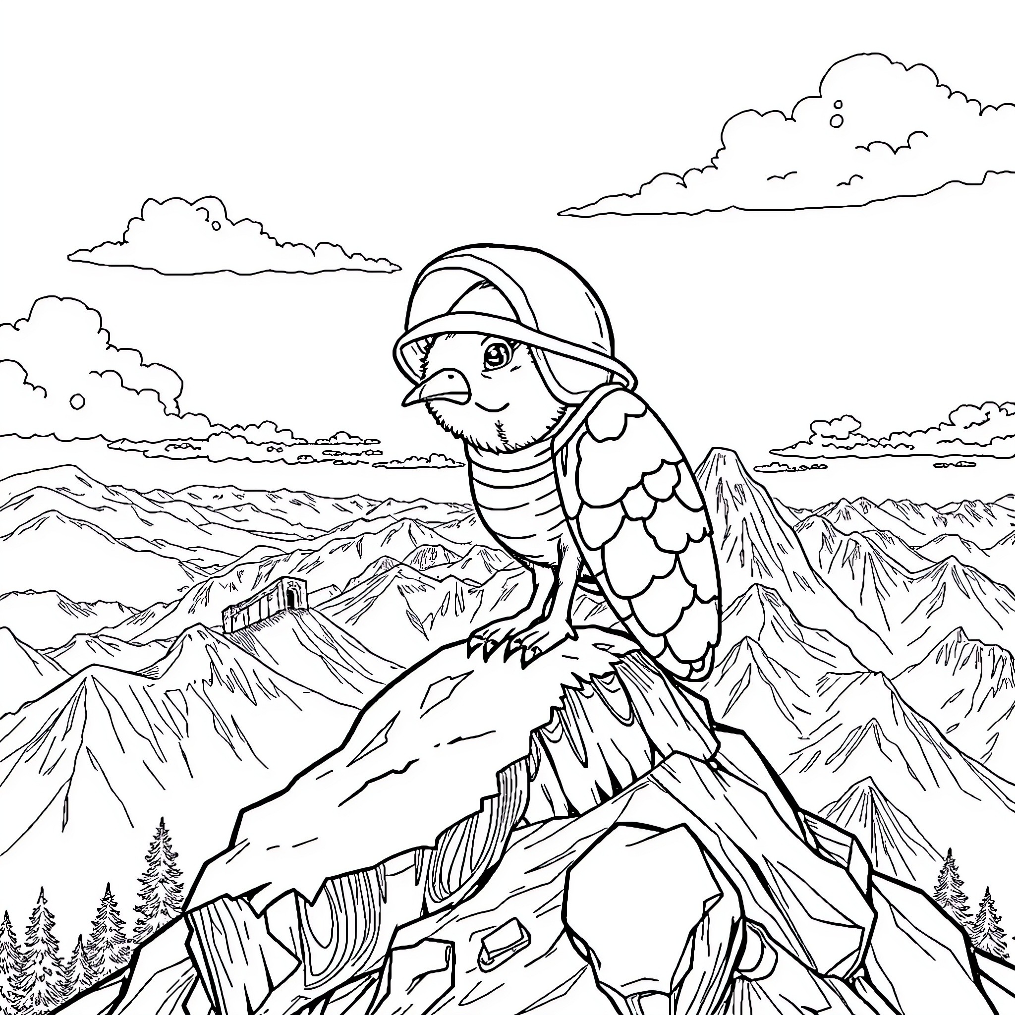 Brebis exploring the mountain landscape Coloring Page (free black-and-white line drawing printable PDF for all, from beginners to advanced learners, including children, teens, adults, and seniors)