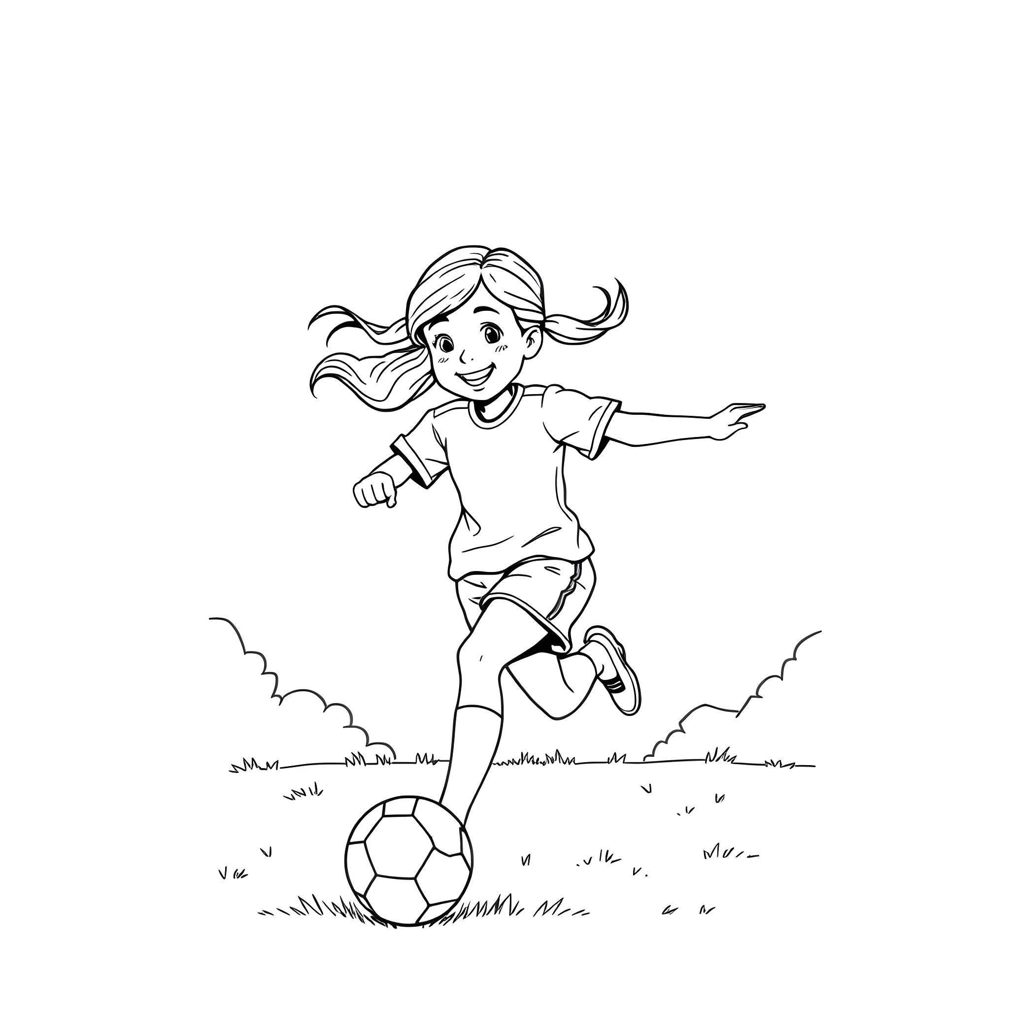 Girl playing joyfully with soccer ball outdoors Coloring Page (free black-and-white line drawing printable PDF for all, from beginners to advanced learners, including children, teens, adults, and seniors)