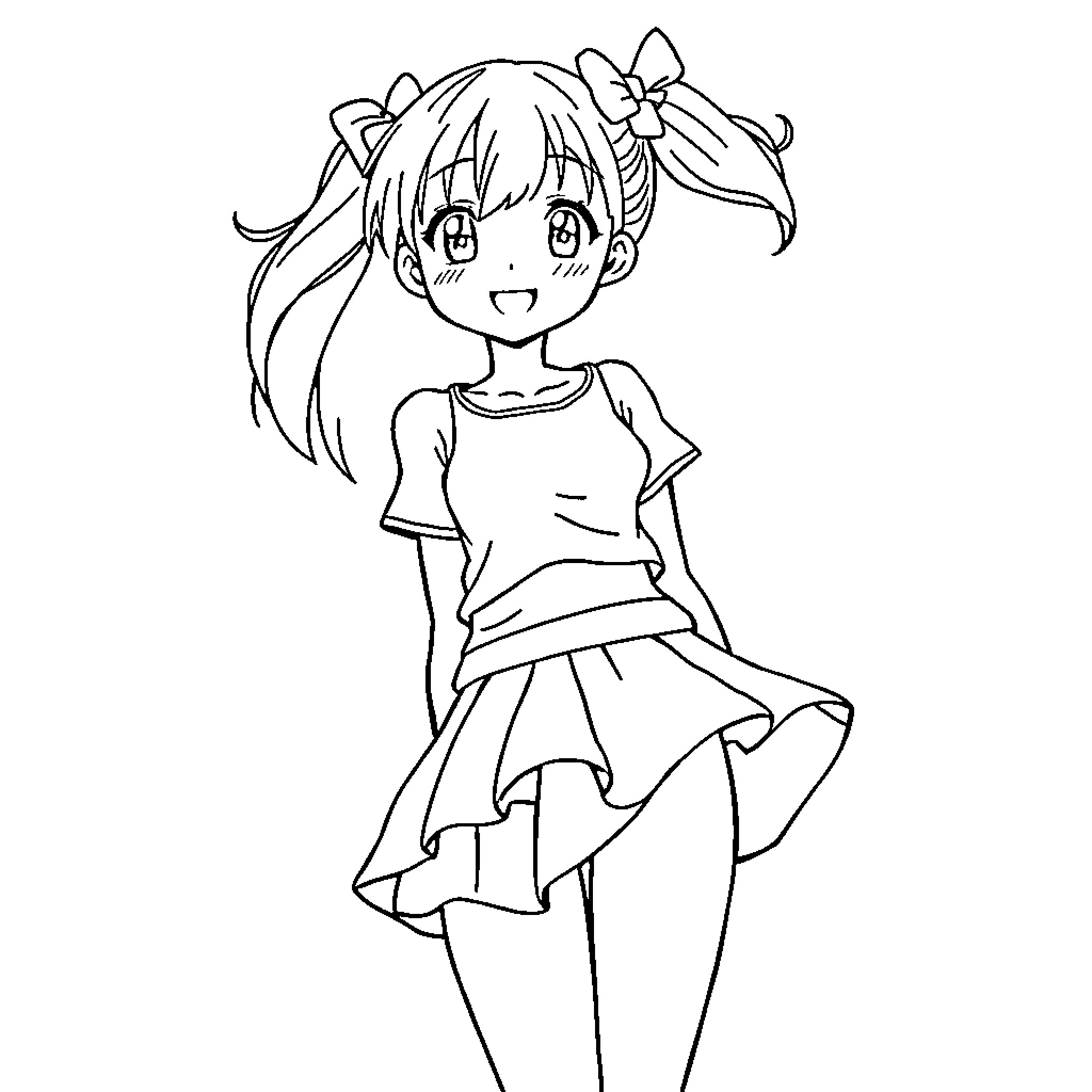 Anime Girl with Pigtails and Cheerful Expression Coloring Page (free black-and-white line drawing printable PDF for all, from beginners to advanced learners, including children, teens, adults, and seniors)