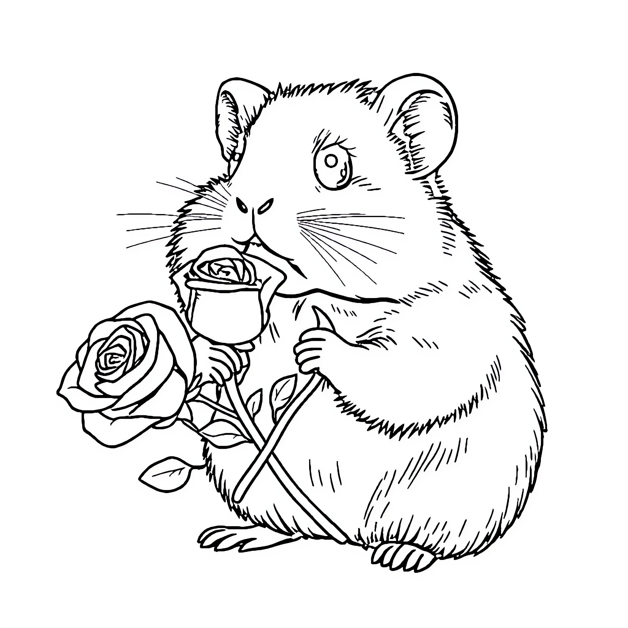 Hamster holding a rose flower Coloring Page (free black-and-white line drawing printable PDF for all, from beginners to advanced learners, including children, teens, adults, and seniors)