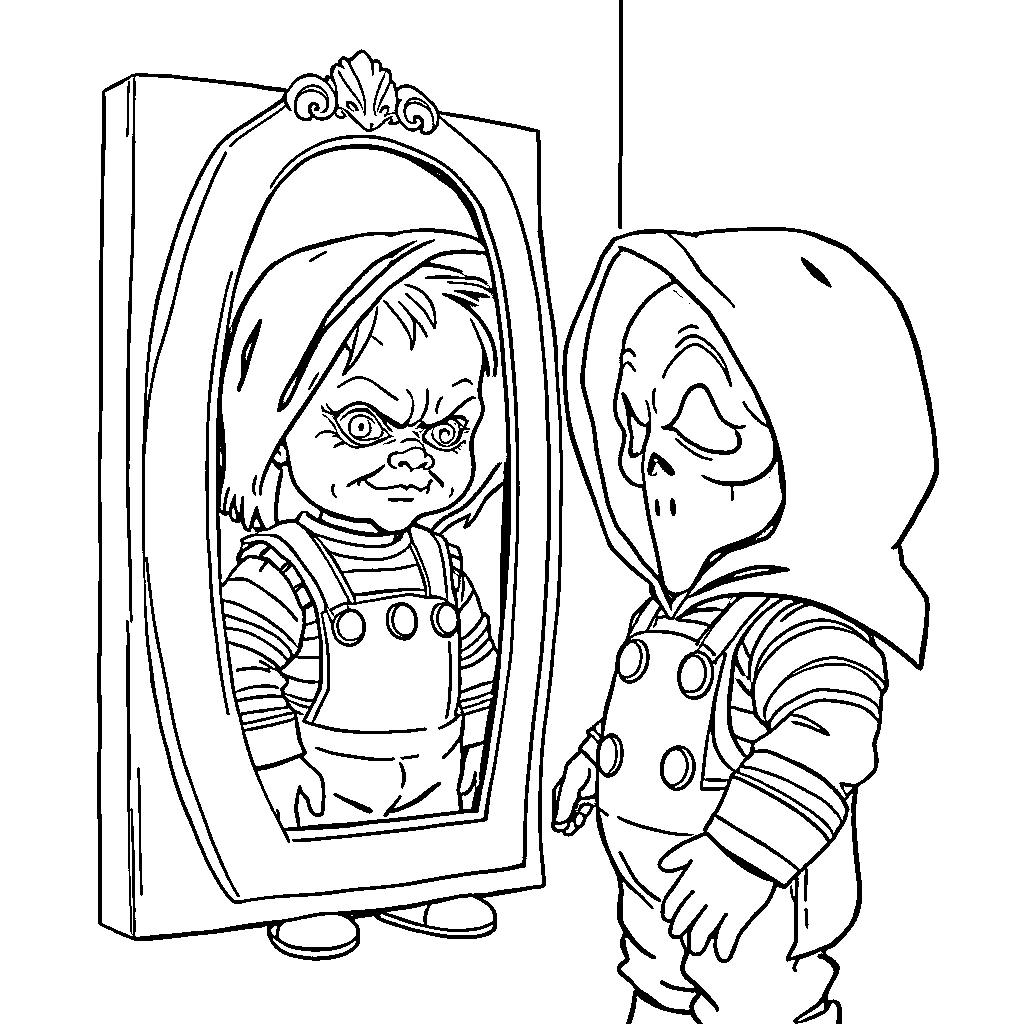 Chucky admiring his reflection in the mirror Coloring Page (free black-and-white line drawing printable PDF for all, from beginners to advanced learners, including children, teens, adults, and seniors)