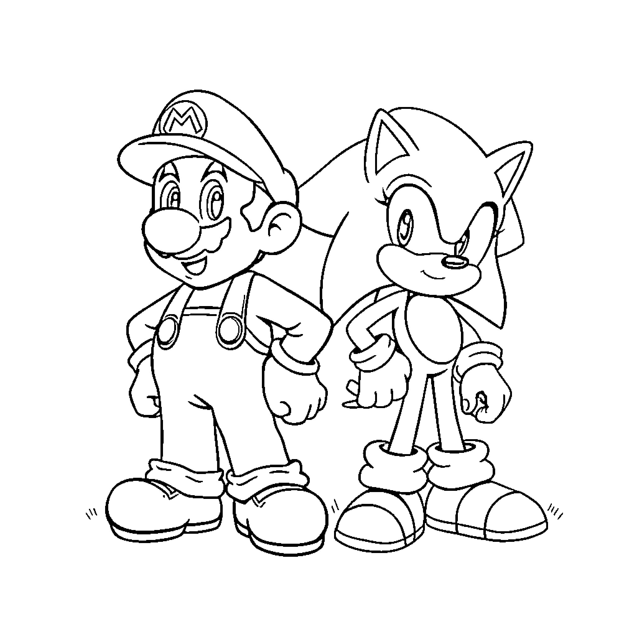 Super Mario and Sonic the Hedgehog Hanging Out Coloring Page (free black-and-white line drawing printable PDF for all, from beginners to advanced learners, including children, teens, adults, and seniors)