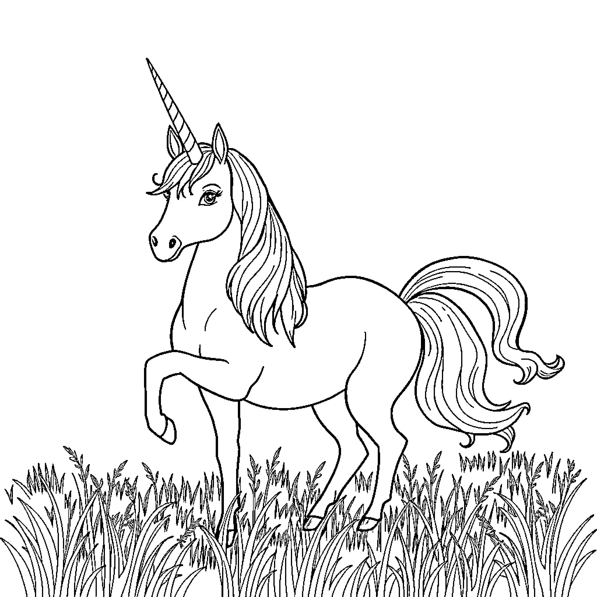 Unicorn Standing Amidst Tall Grass Coloring Page (free black-and-white line drawing printable PDF for all, from beginners to advanced learners, including children, teens, adults, and seniors)