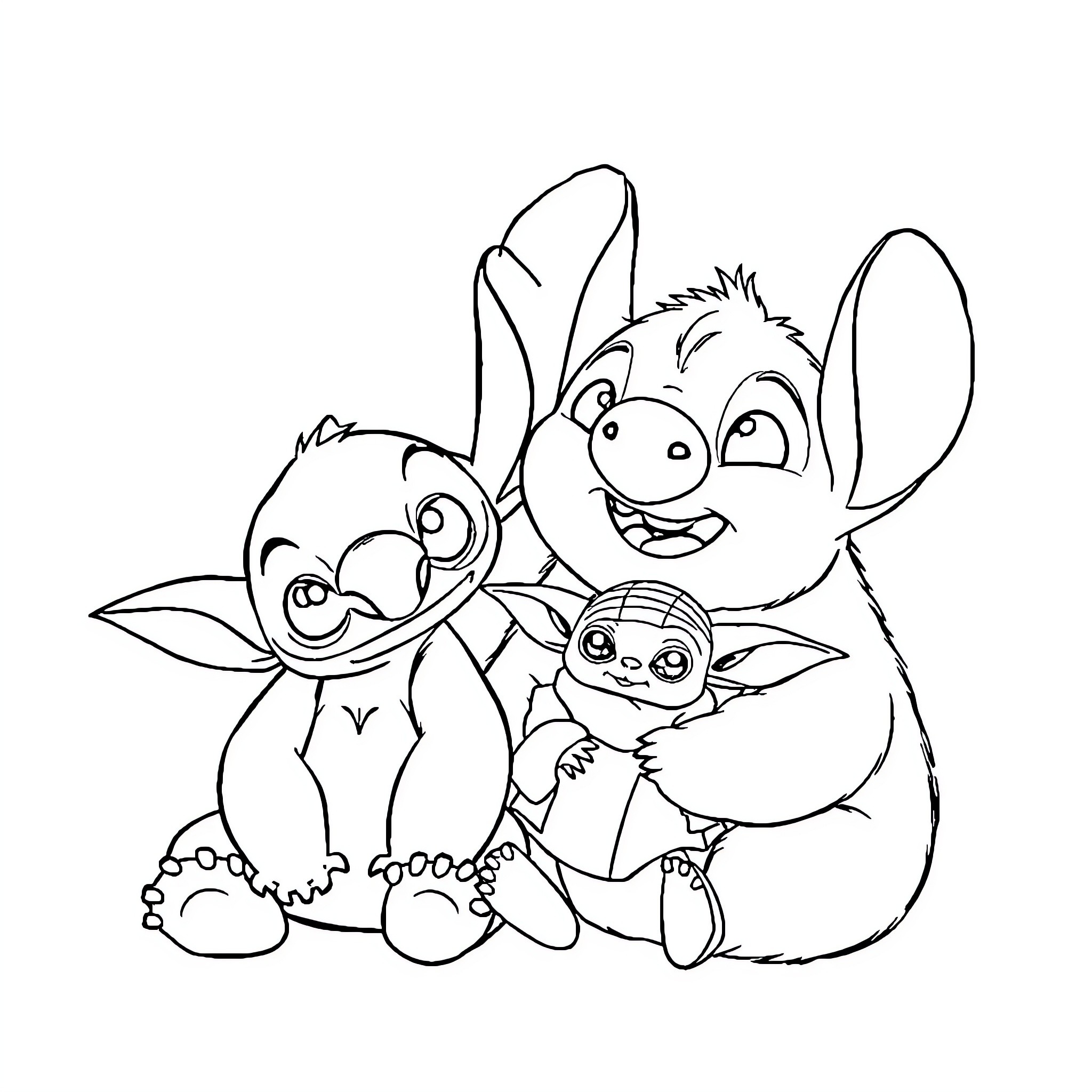 Stitch and Friends Playful Adventure Coloring Page (free black-and-white line drawing printable PDF for all, from beginners to advanced learners, including children, teens, adults, and seniors)