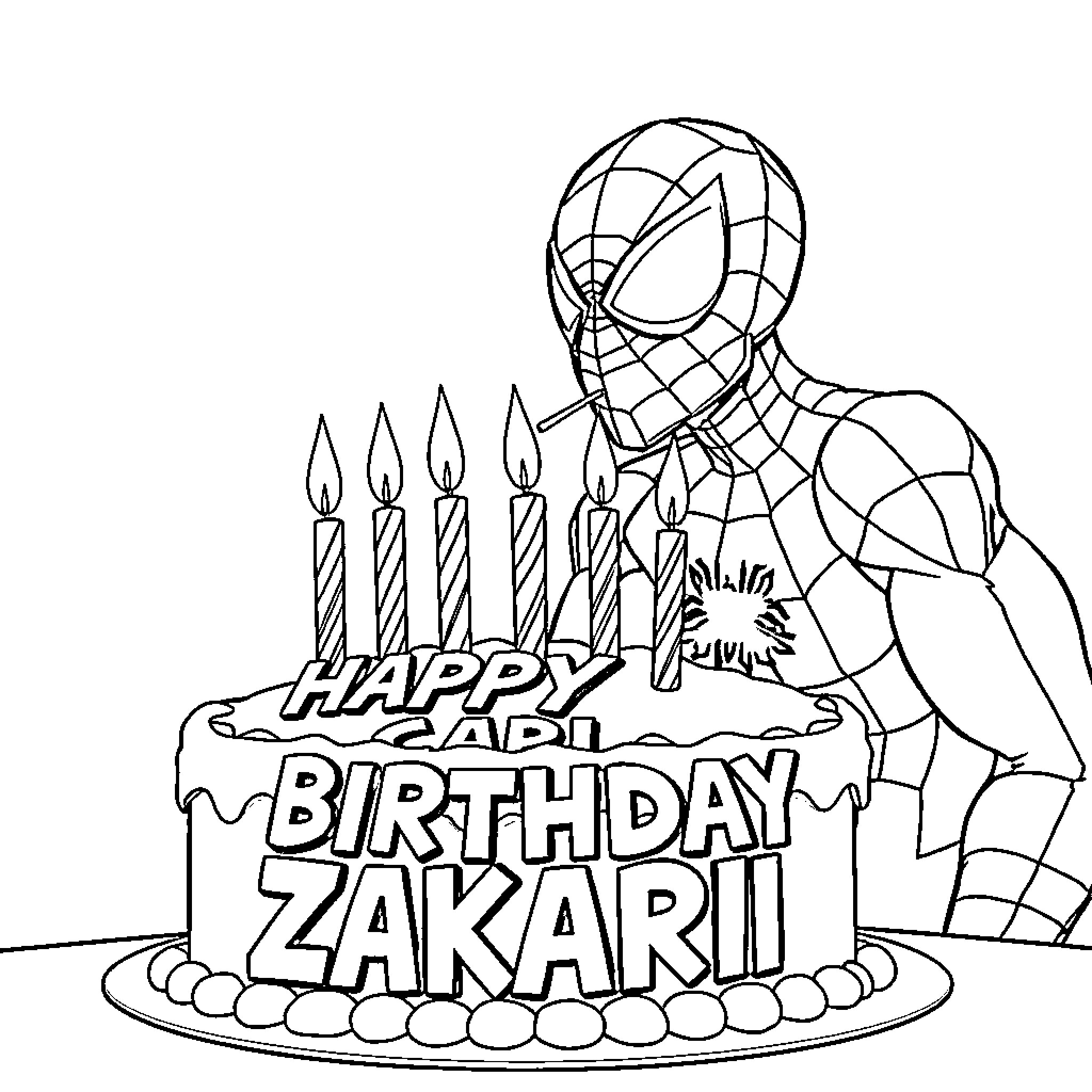 Spiderman celebrating a birthday with a cake Coloring Page (free black-and-white line drawing printable PDF for all, from beginners to advanced learners, including children, teens, adults, and seniors)
