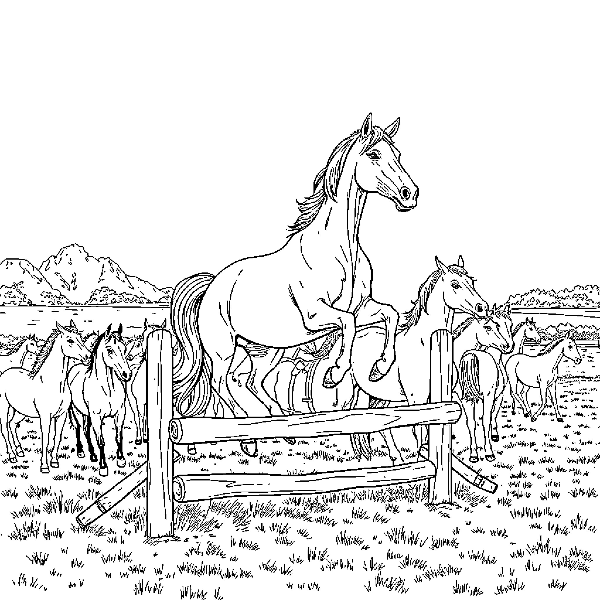 Caballo horses grazing peacefully in the countryside Coloring Page (free black-and-white line drawing printable PDF for all, from beginners to advanced learners, including children, teens, adults, and seniors)