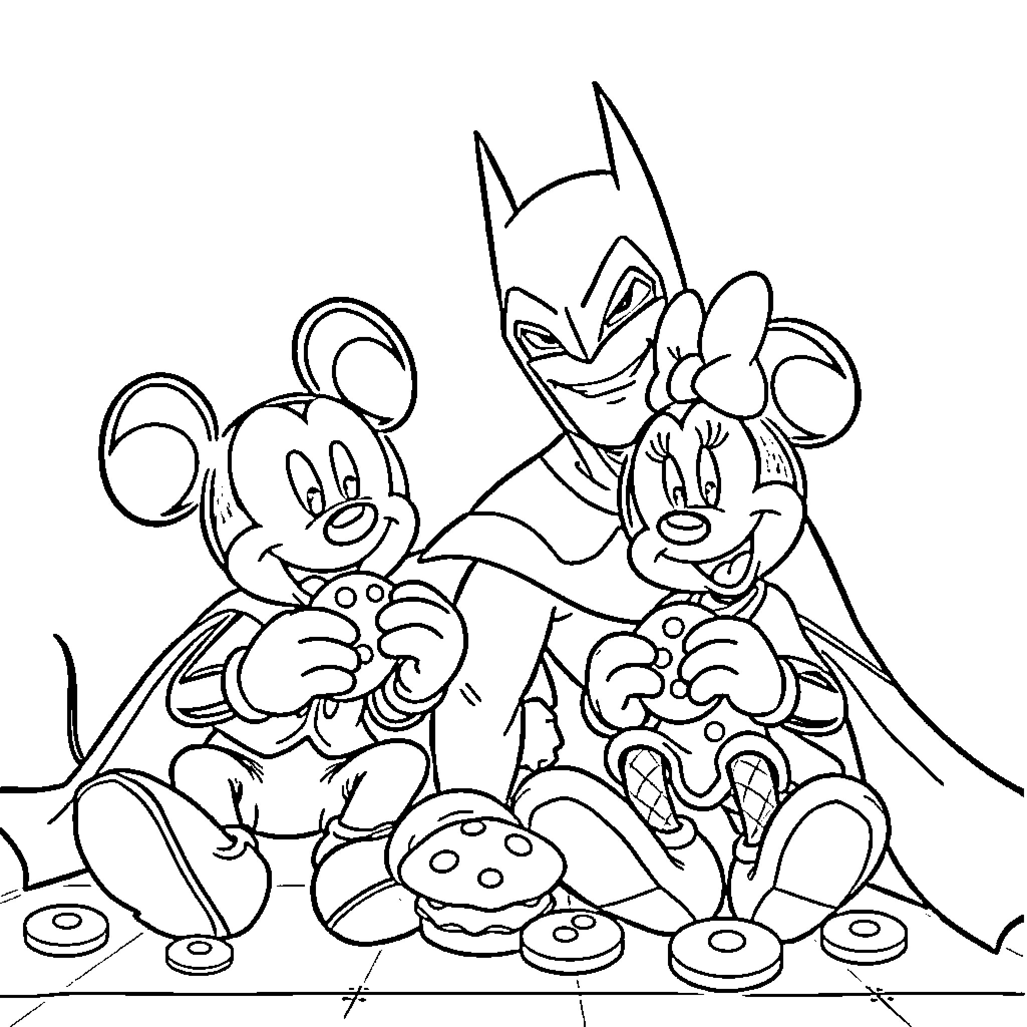 Mickey Mouse and friends having a fun picnic Coloring Page (free black-and-white line drawing printable PDF for all, from beginners to advanced learners, including children, teens, adults, and seniors)
