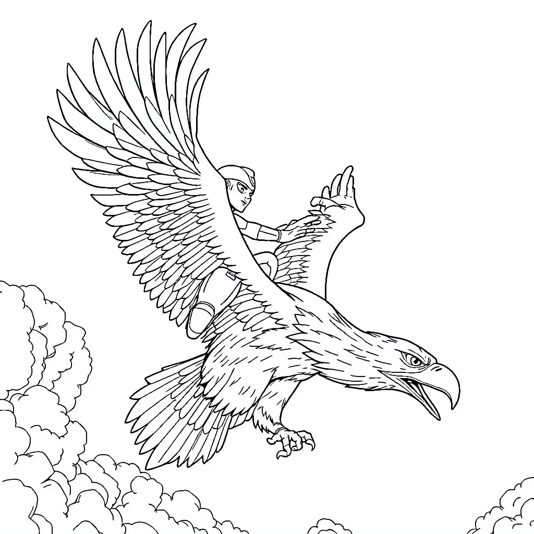 Megaman soaring with a mighty eagle in the clouds Coloring Page (free black-and-white line drawing printable PDF for all, from beginners to advanced learners, including children, teens, adults, and seniors)