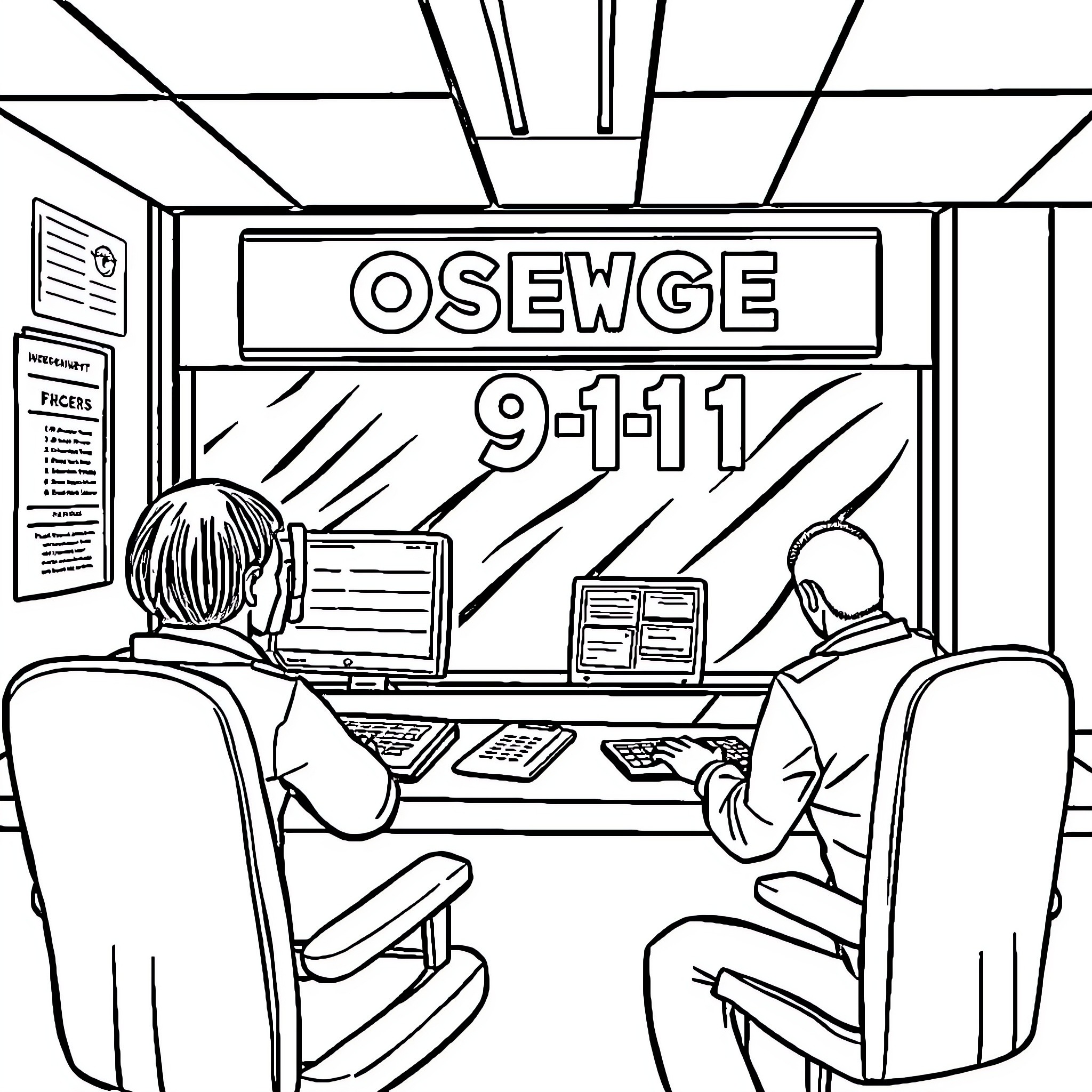 Oswego 9-1-1 staff assisting callers at the emergency dispatch center Coloring Page (free black-and-white line drawing printable PDF for all, from beginners to advanced learners, including children, teens, adults, and seniors)