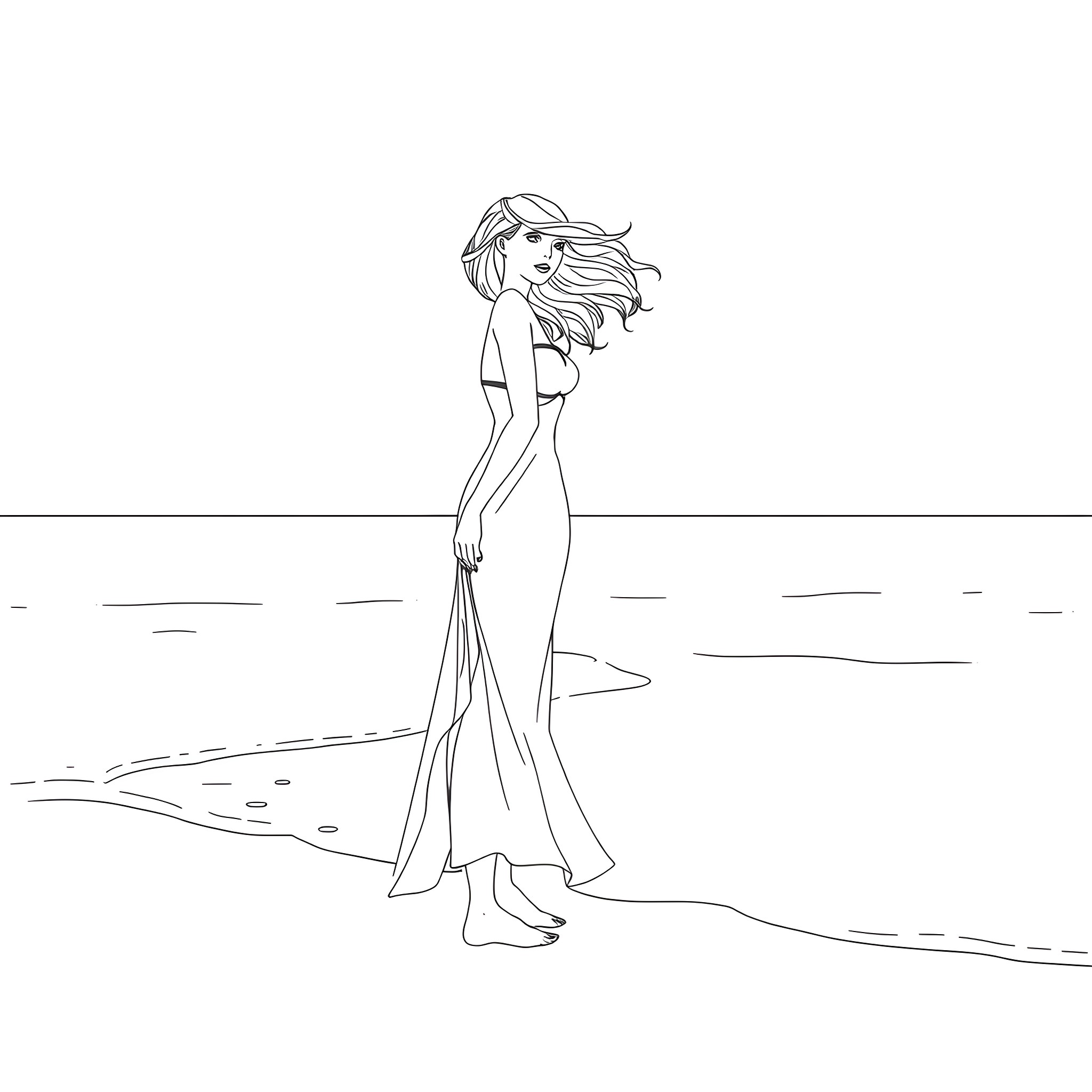 Woman in long dress walking on the beach Coloring Page (free black-and-white line drawing printable PDF for all, from beginners to advanced learners, including children, teens, adults, and seniors)