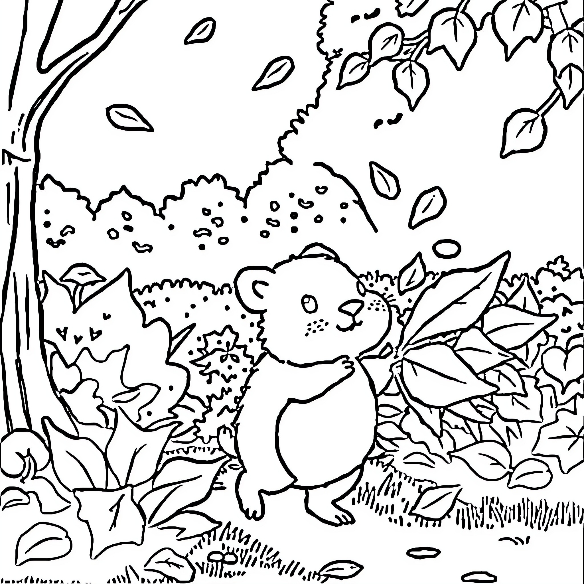Hedgehog exploring the autumn forest Coloring Page (free black-and-white line drawing printable PDF for all, from beginners to advanced learners, including children, teens, adults, and seniors)