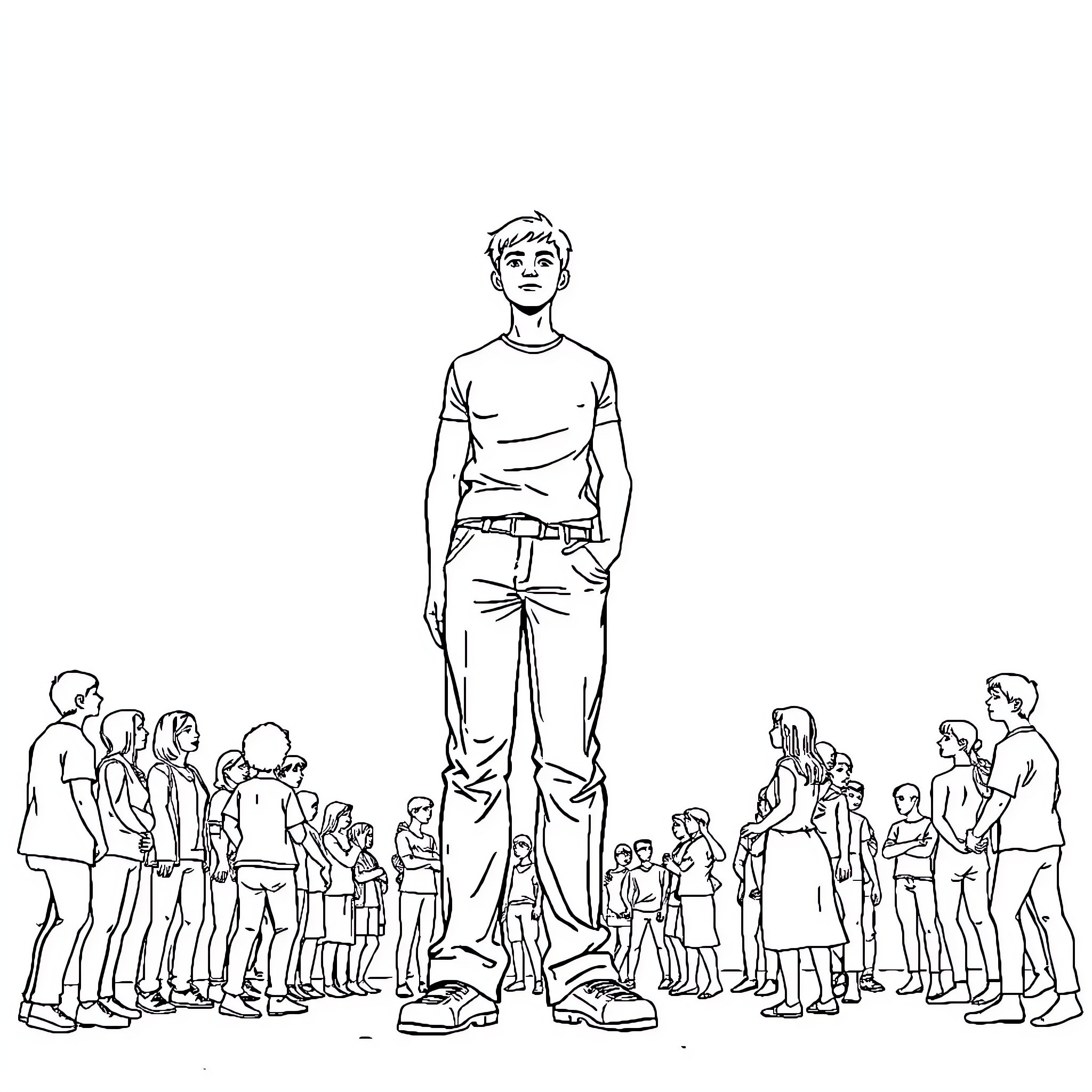 Taller figure in a crowd of people Coloring Page (free black-and-white line drawing printable PDF for all, from beginners to advanced learners, including children, teens, adults, and seniors)