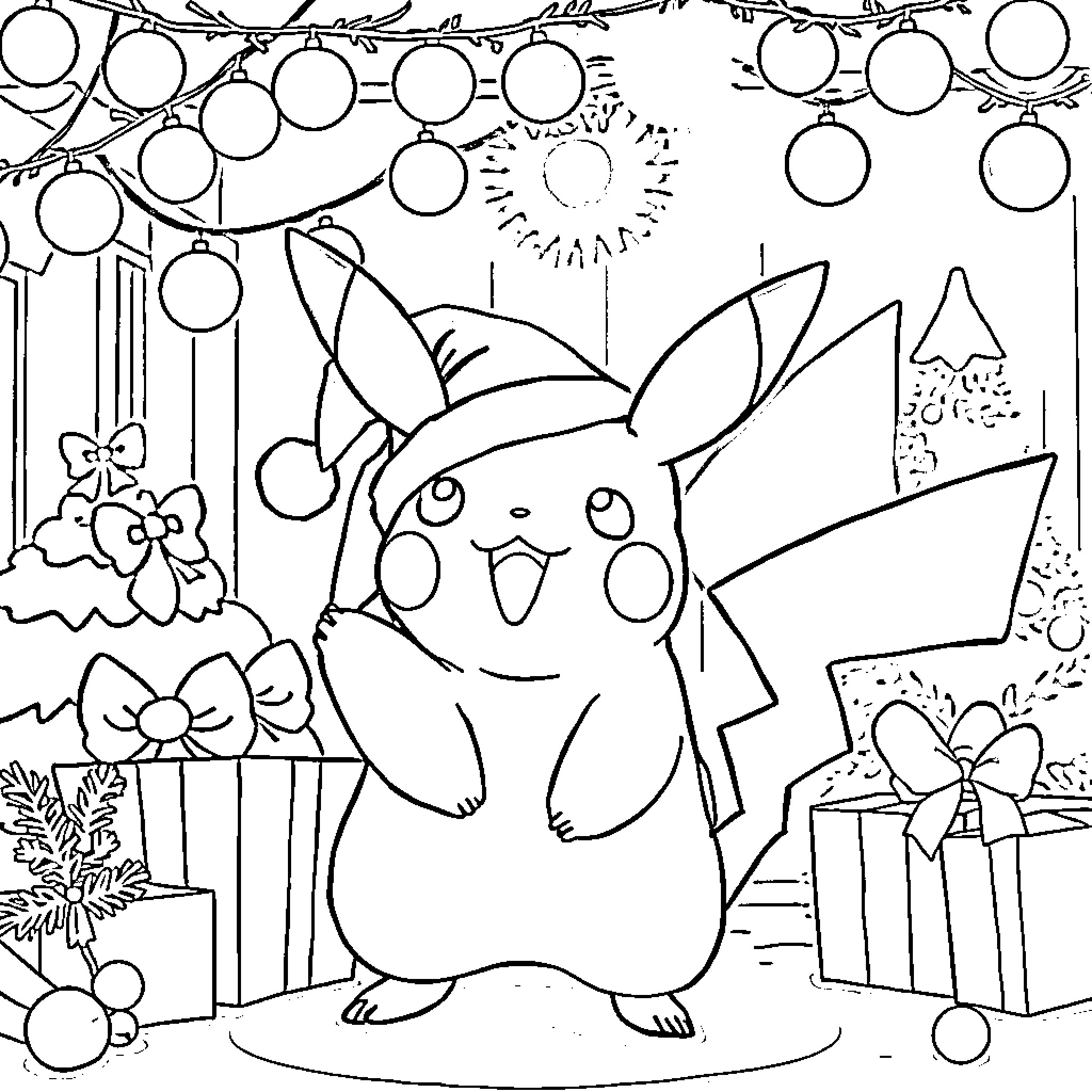 Pikachu celebrating in festive holiday scene Coloring Page (free black-and-white line drawing printable PDF for all, from beginners to advanced learners, including children, teens, adults, and seniors)
