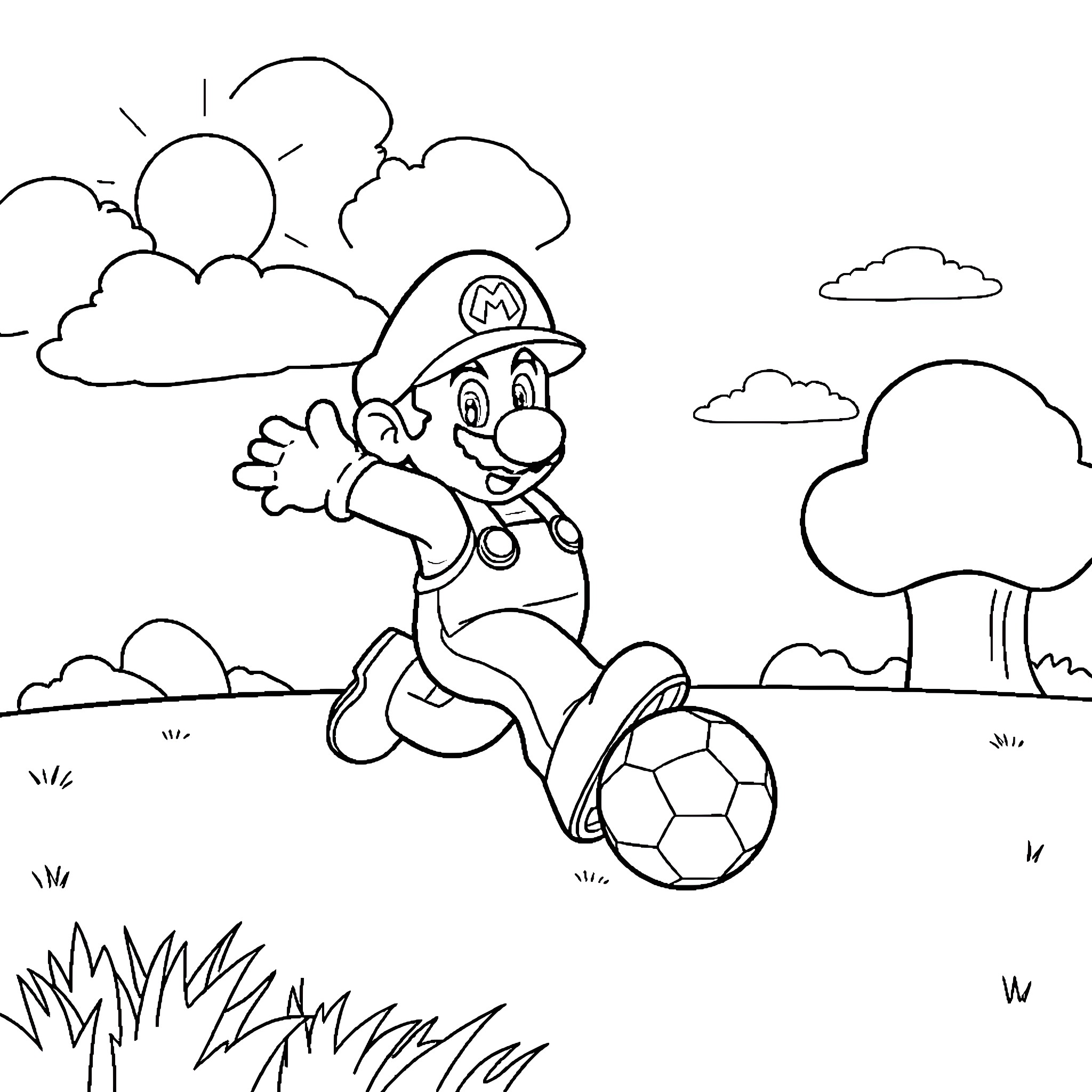 Mario playing with a soccer ball in the park Coloring Page (free black-and-white line drawing printable PDF for all, from beginners to advanced learners, including children, teens, adults, and seniors)