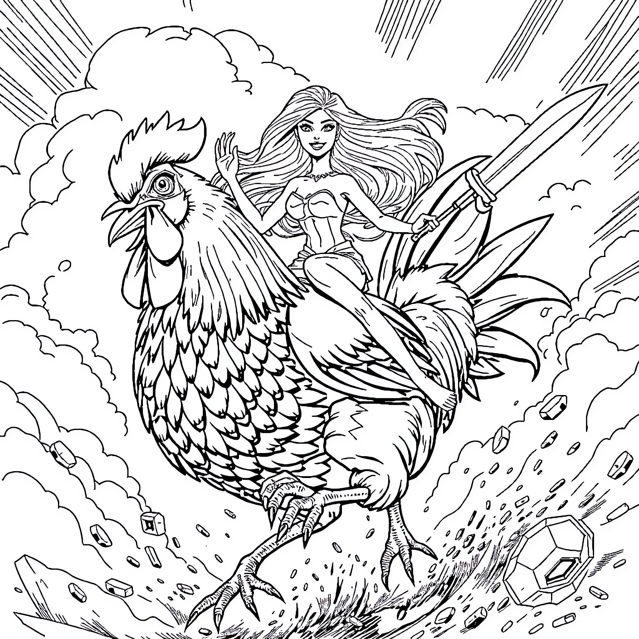 Barbie soaring with a giant rooster amidst clouds and lightning Coloring Page (free black-and-white line drawing printable PDF for all, from beginners to advanced learners, including children, teens, adults, and seniors)