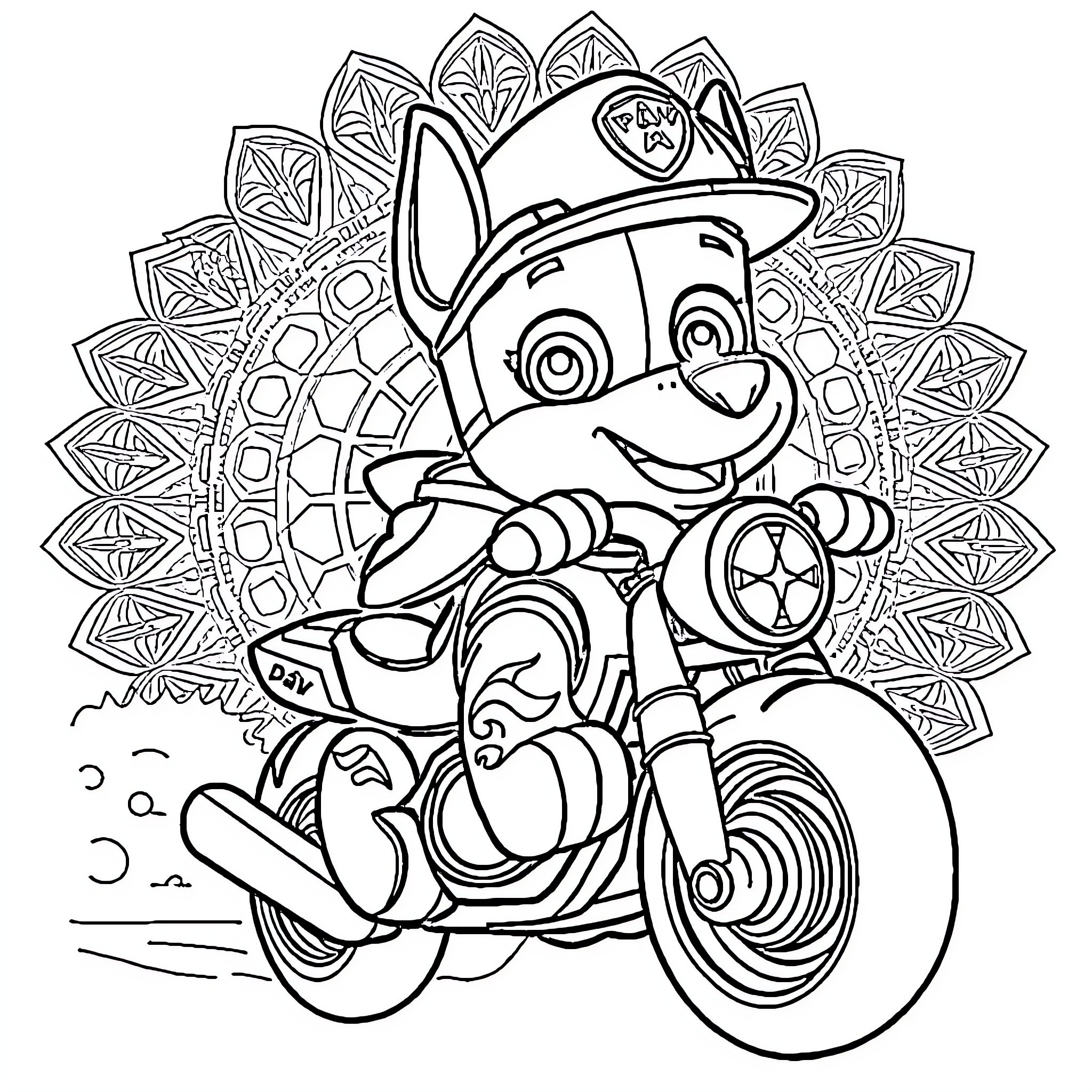 Superdog riding motorcycle on mandala background Coloring Page (free black-and-white line drawing printable PDF for all, from beginners to advanced learners, including children, teens, adults, and seniors)