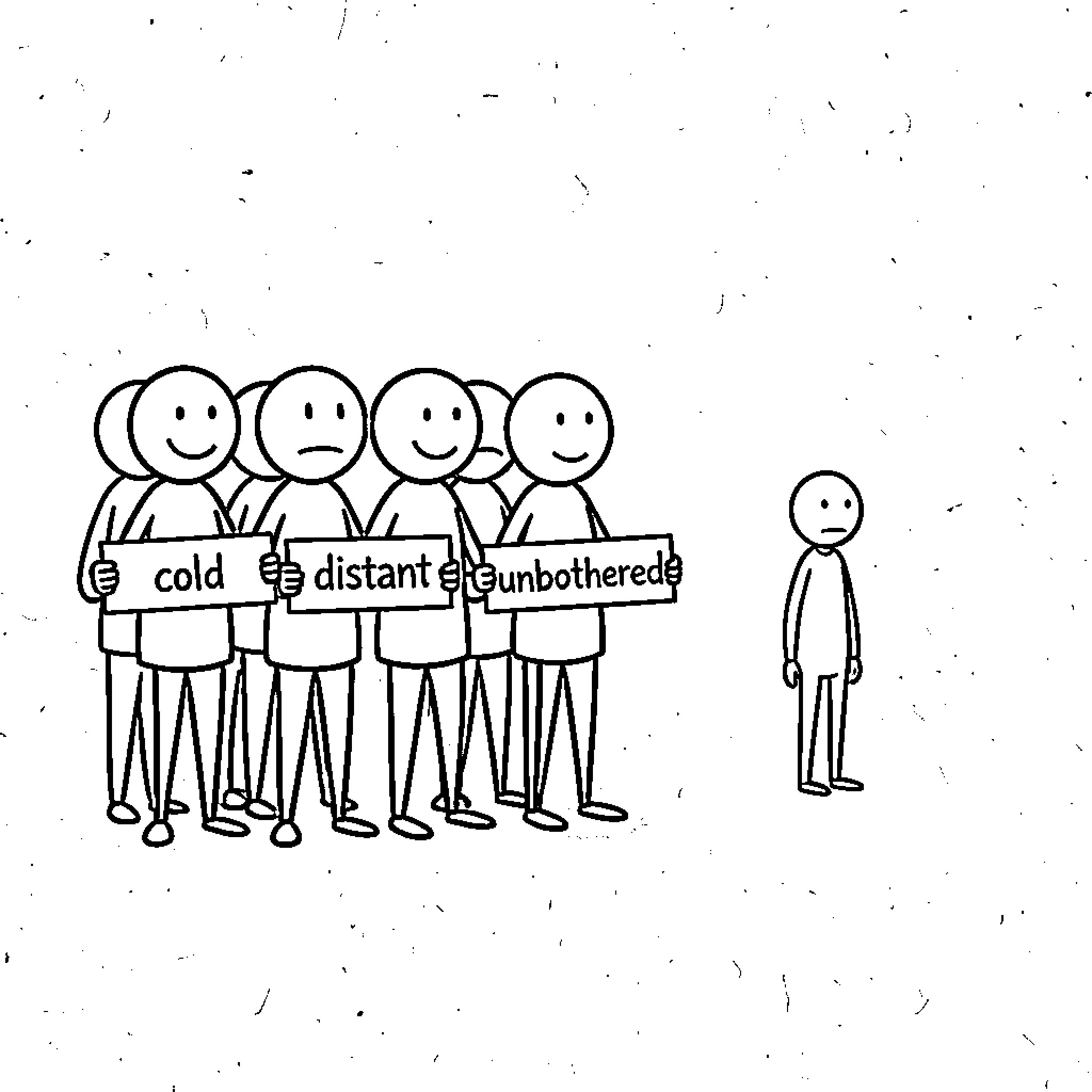 Stickman group holding signs with expressions Coloring Page (free black-and-white line drawing printable PDF for all, from beginners to advanced learners, including children, teens, adults, and seniors)