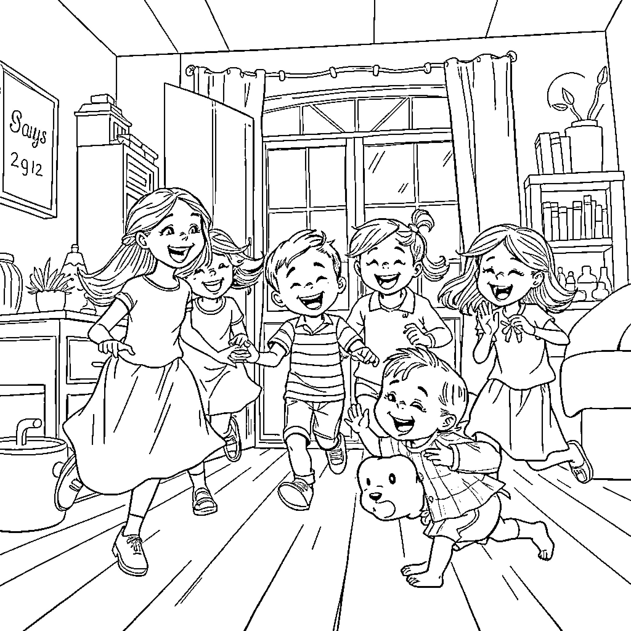 Kid friends happily playing and interacting indoors Coloring Page (free black-and-white line drawing printable PDF for all, from beginners to advanced learners, including children, teens, adults, and seniors)