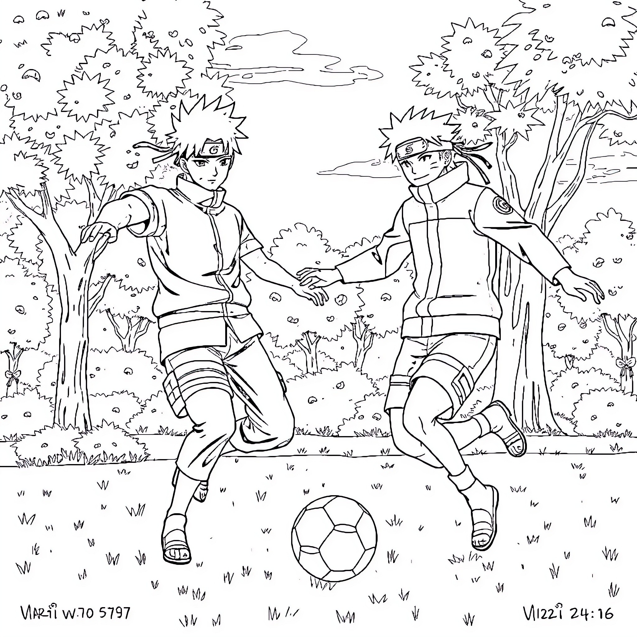 Kakashi's Ninja Training with Soccer Ball Coloring Page (free black-and-white line drawing printable PDF for all, from beginners to advanced learners, including children, teens, adults, and seniors)
