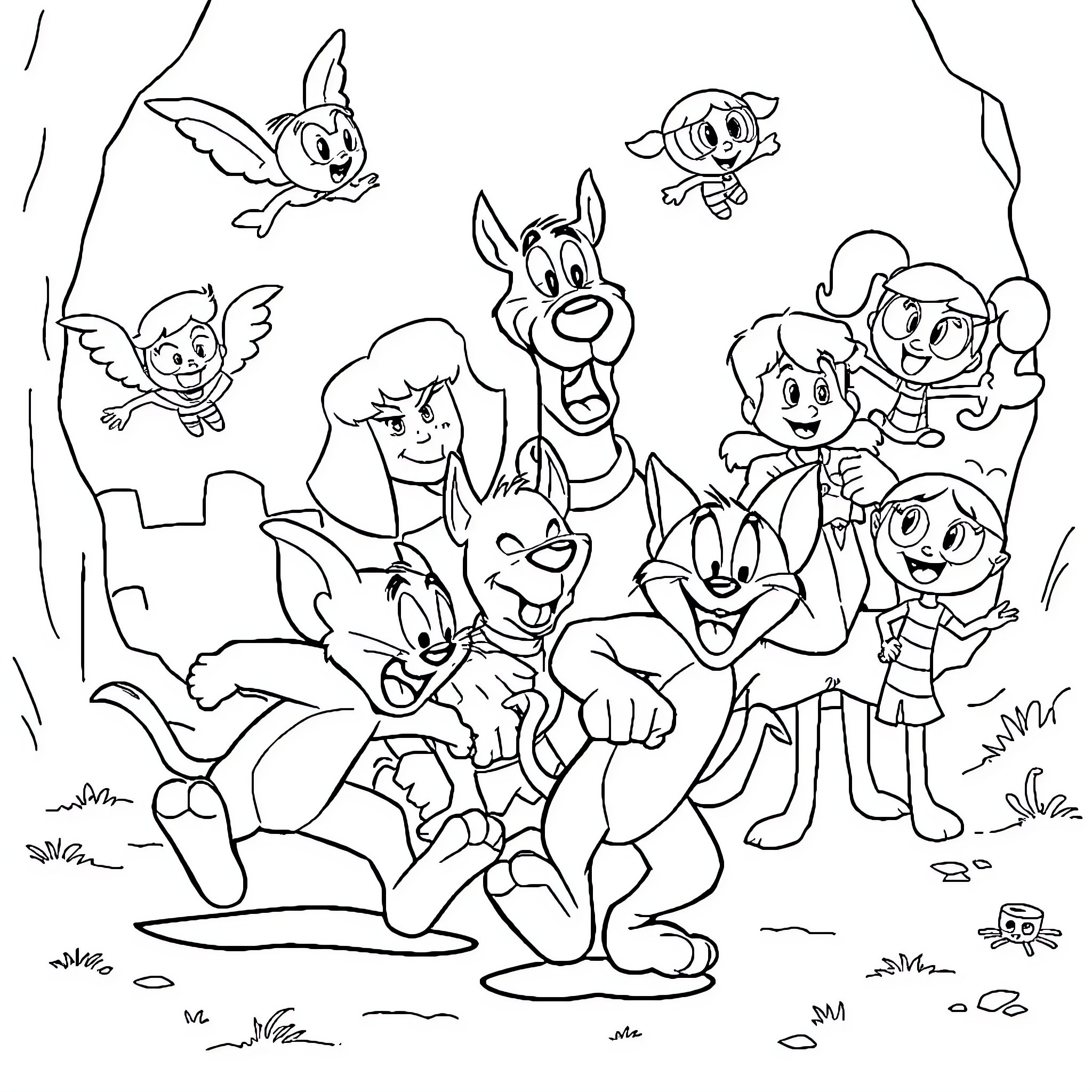 Cartoon group of characters in the forest Coloring Page (free black-and-white line drawing printable PDF for all, from beginners to advanced learners, including children, teens, adults, and seniors)
