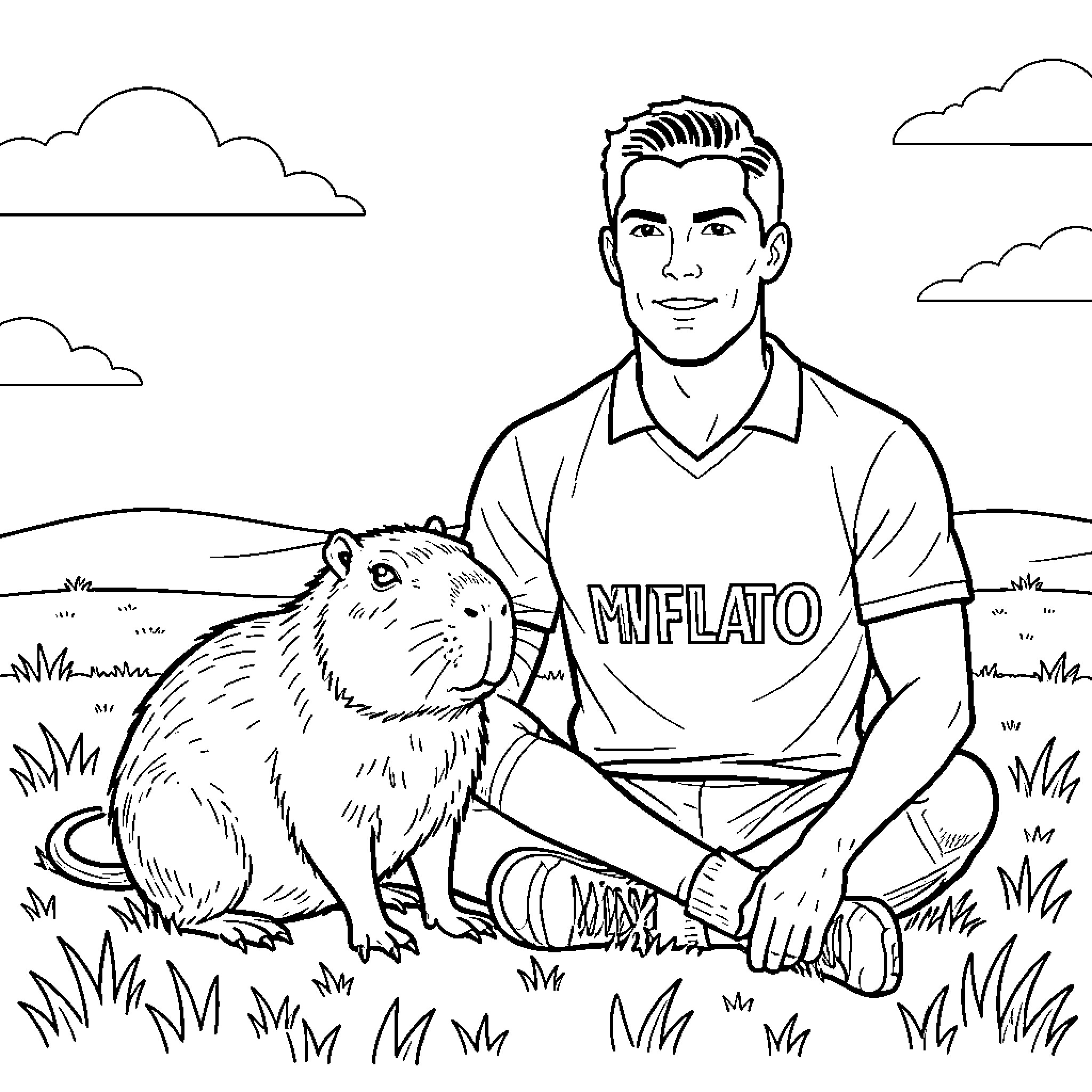 Capybara sitting calmly next to a man outdoors Coloring Page (free black-and-white line drawing printable PDF for all, from beginners to advanced learners, including children, teens, adults, and seniors)