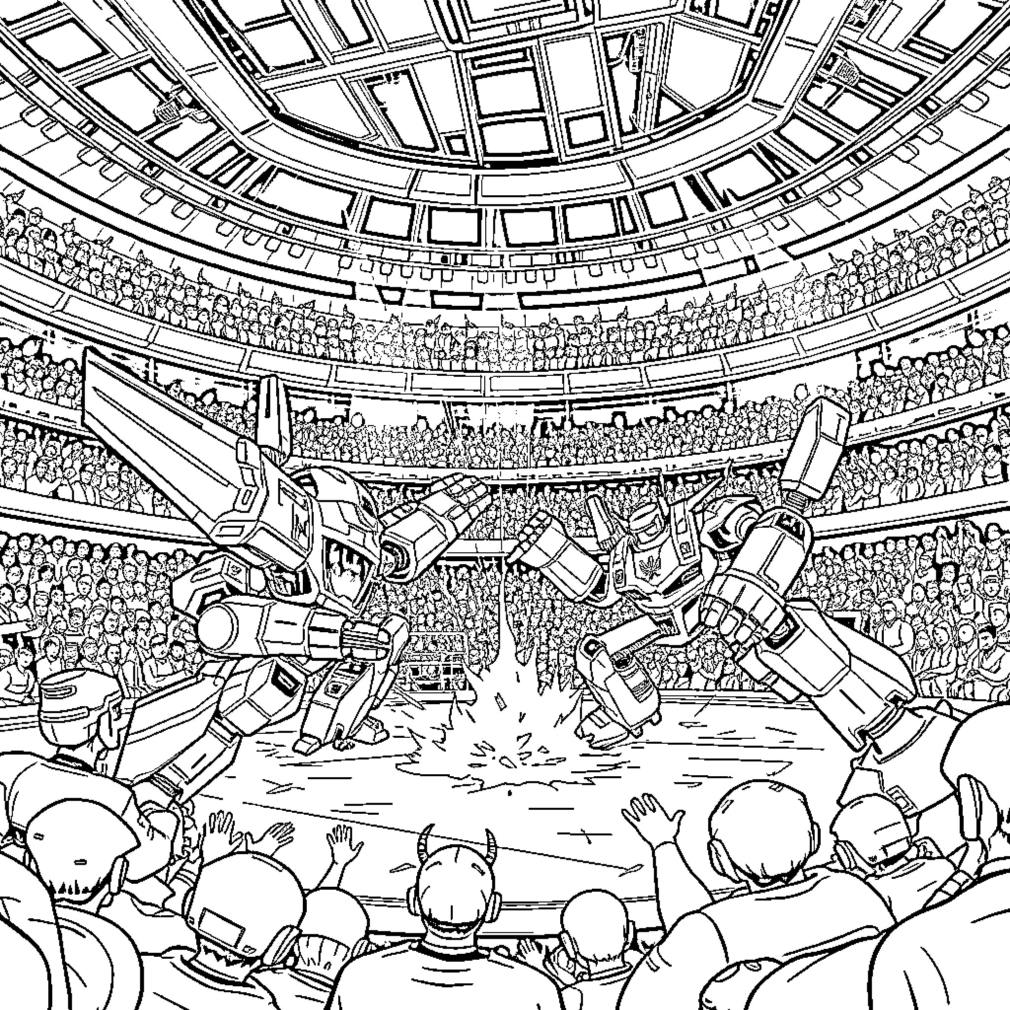Battlebot arena showdown in packed stadium Coloring Page (free black-and-white line drawing printable PDF for all, from beginners to advanced learners, including children, teens, adults, and seniors)
