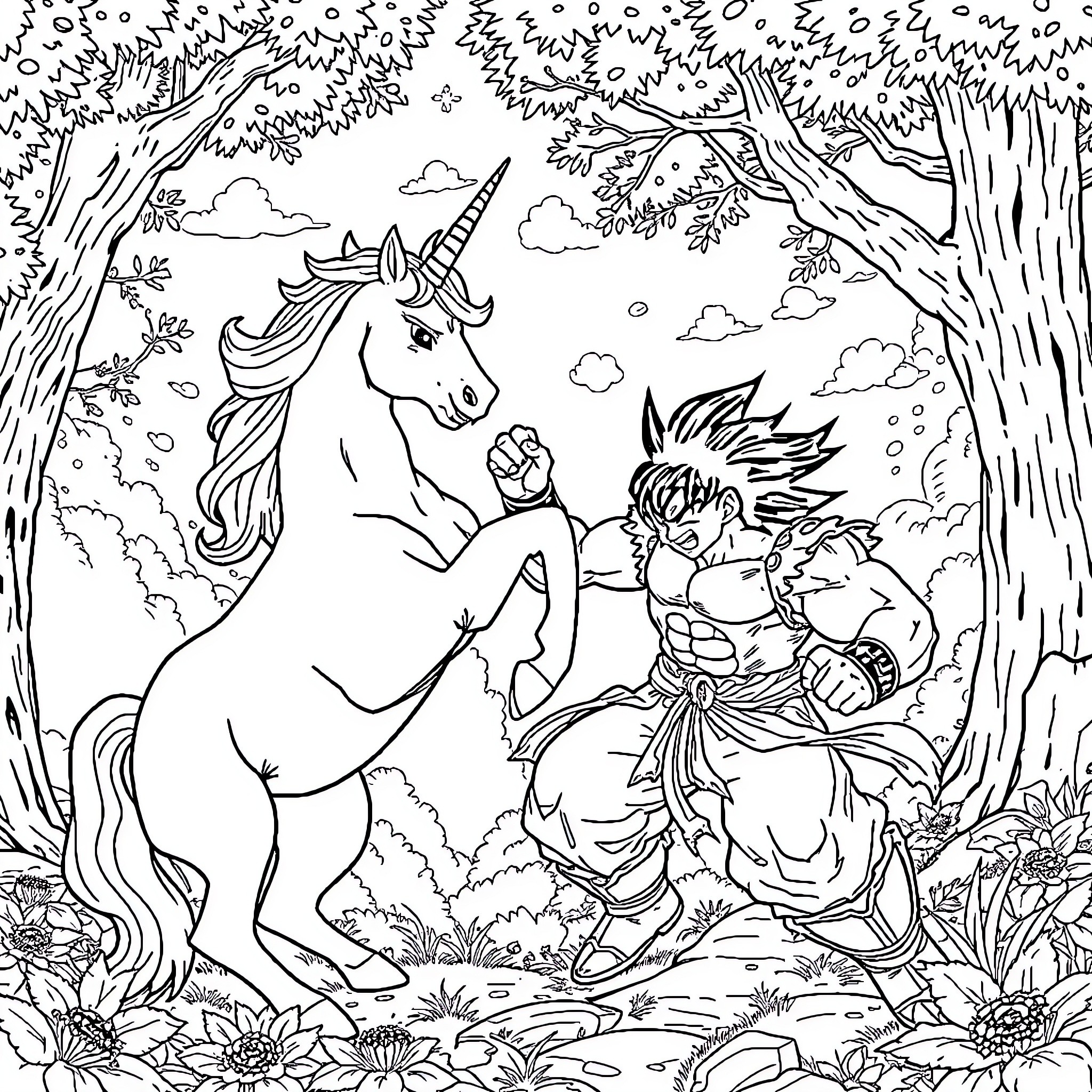 Broly confronting a unicorn in a mystical forest Coloring Page (free black-and-white line drawing printable PDF for all, from beginners to advanced learners, including children, teens, adults, and seniors)