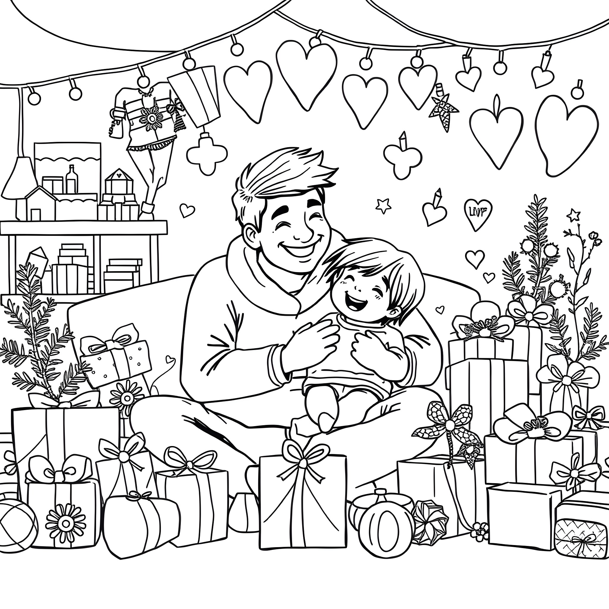Father and child enjoying Christmas gifts together Coloring Page (free black-and-white line drawing printable PDF for all, from beginners to advanced learners, including children, teens, adults, and seniors)