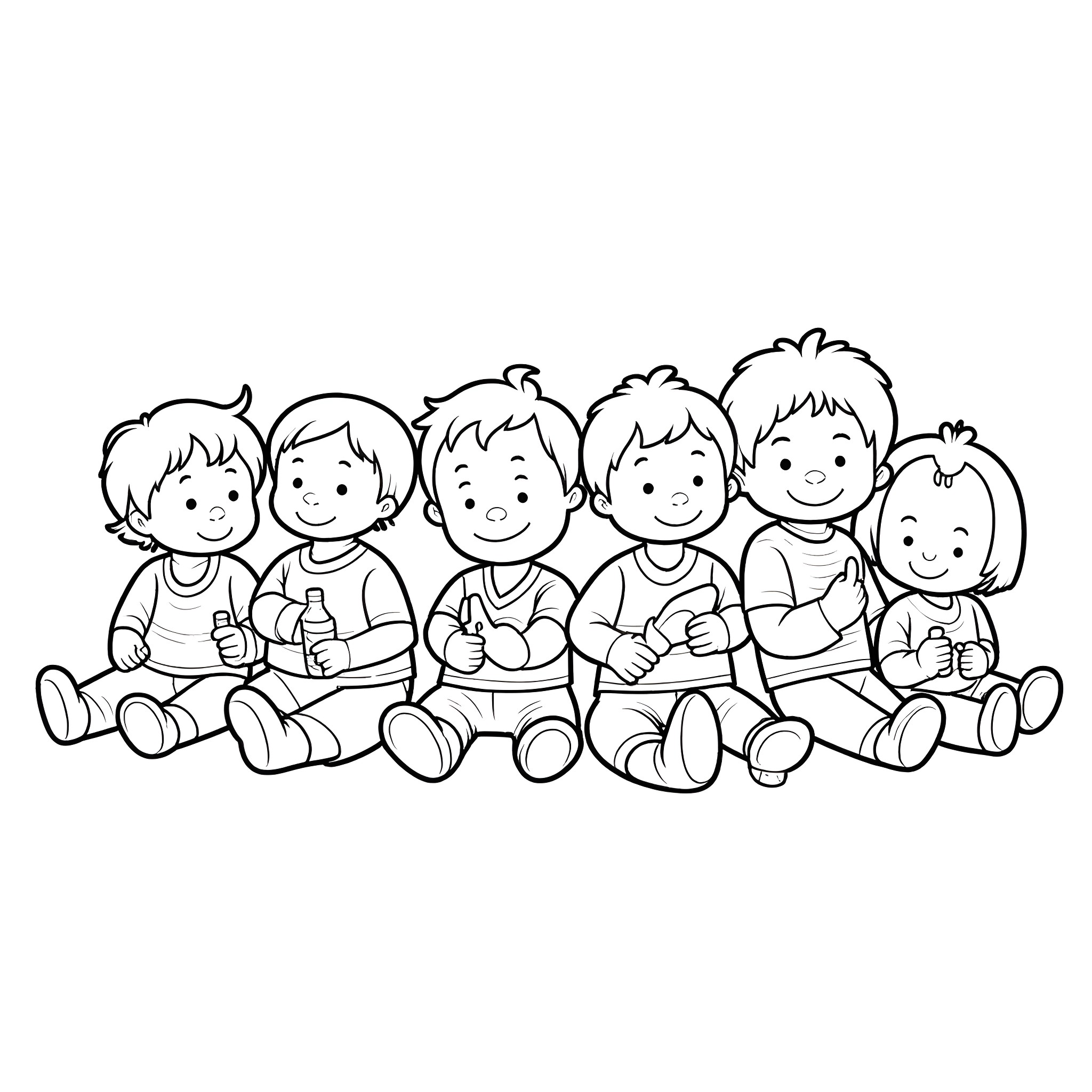 Toddler friends playing together happily Coloring Page (free black-and-white line drawing printable PDF for all, from beginners to advanced learners, including children, teens, adults, and seniors)