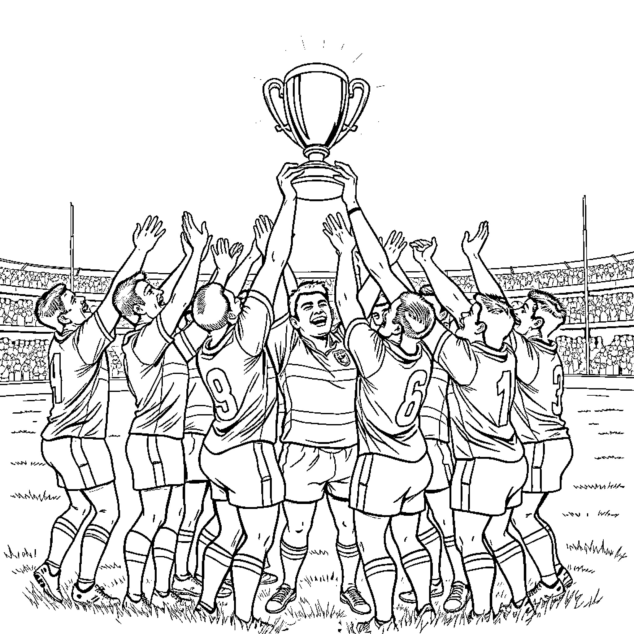Rugby Team Celebrating Victory with Trophy Coloring Page (free black-and-white line drawing printable PDF for all, from beginners to advanced learners, including children, teens, adults, and seniors)