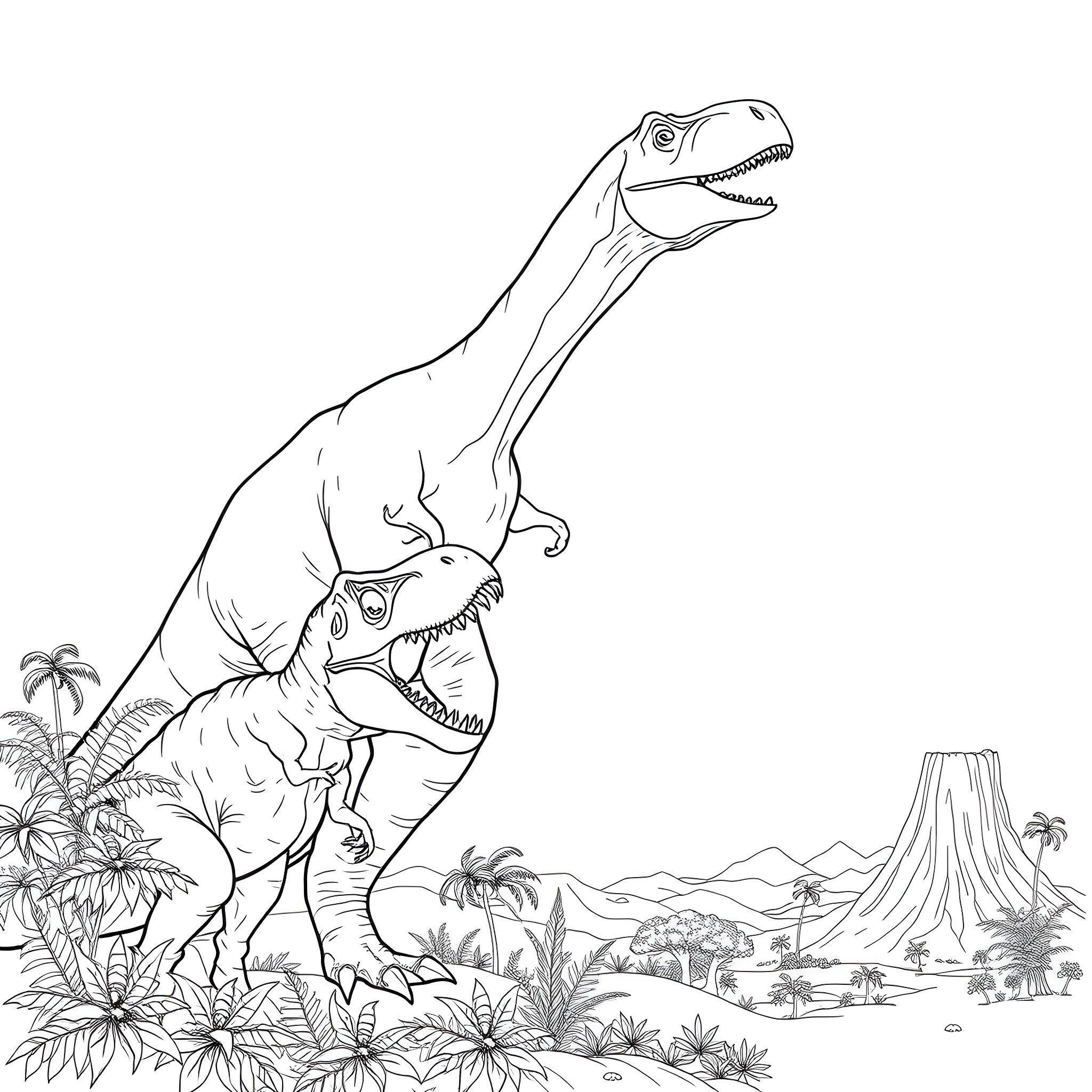 Dinosaurs roaming through prehistoric landscape Coloring Page (free black-and-white line drawing printable PDF for all, from beginners to advanced learners, including children, teens, adults, and seniors)