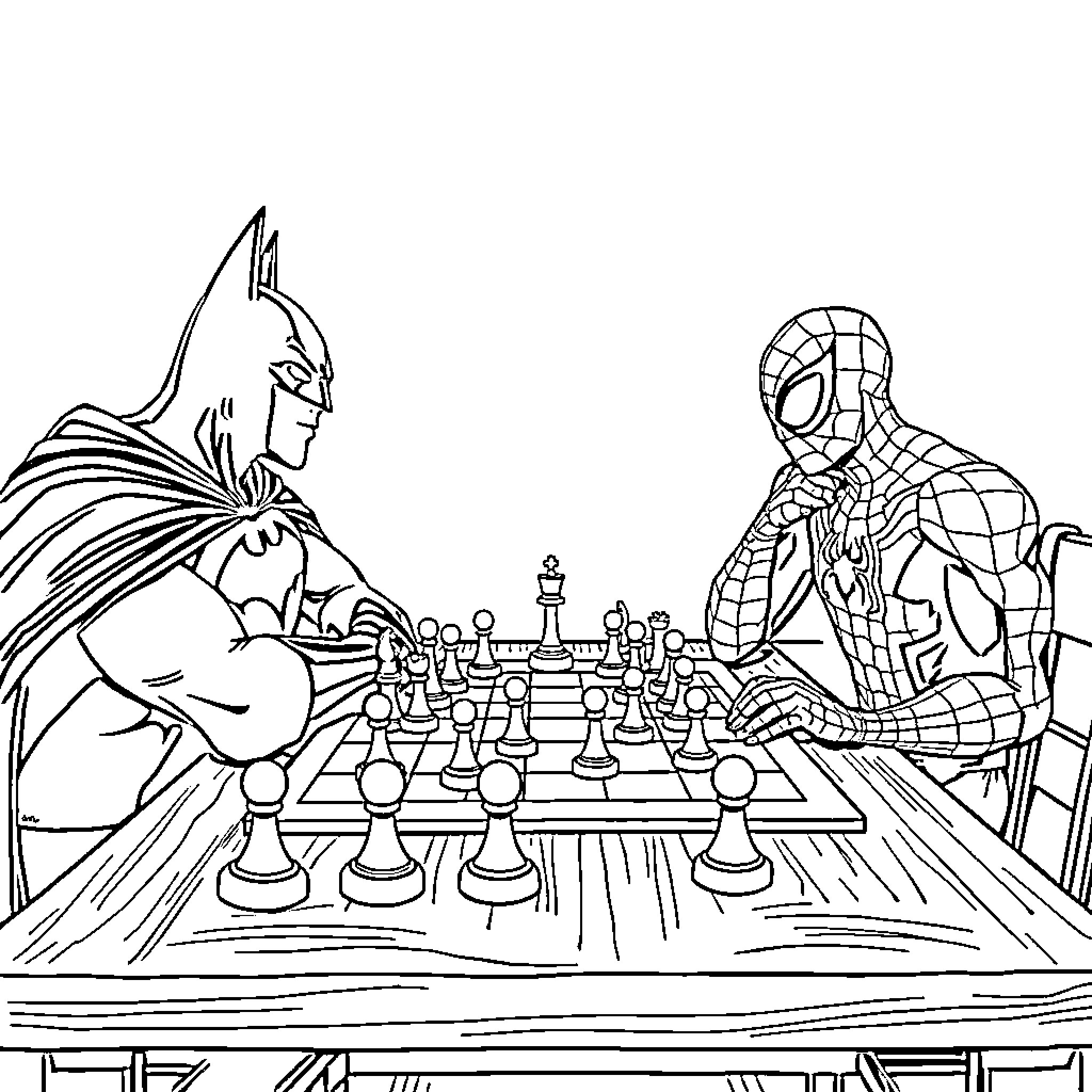 Batman and Spider-Man Engaged in a Chess Game Coloring Page (free black-and-white line drawing printable PDF for all, from beginners to advanced learners, including children, teens, adults, and seniors)