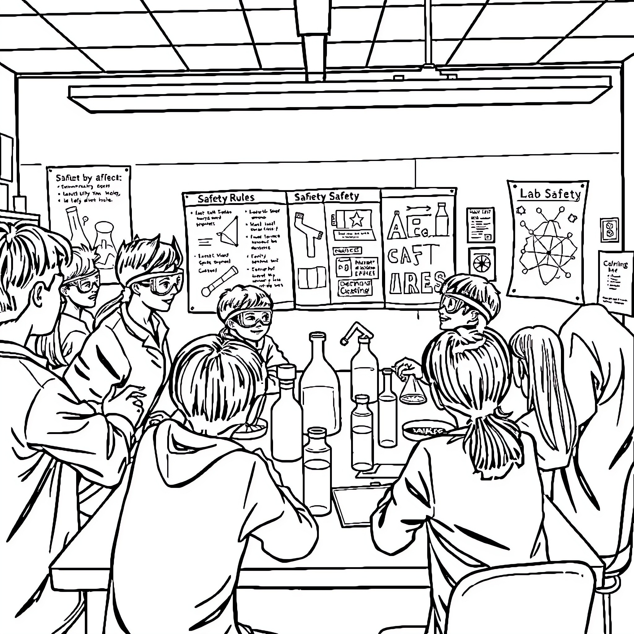 Lab Safety: Students Discussing Safety Protocols Coloring Page (free black-and-white line drawing printable PDF for all, from beginners to advanced learners, including children, teens, adults, and seniors)