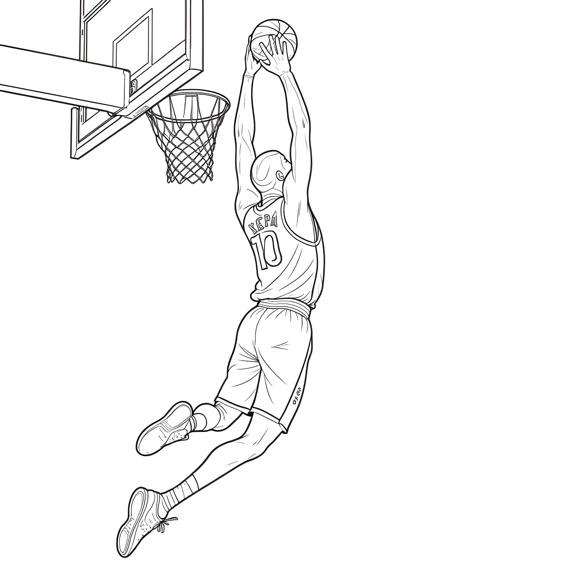 Shawn Kemp soaring for a powerful dunk Coloring Page (free black-and-white line drawing printable PDF for all, from beginners to advanced learners, including children, teens, adults, and seniors)