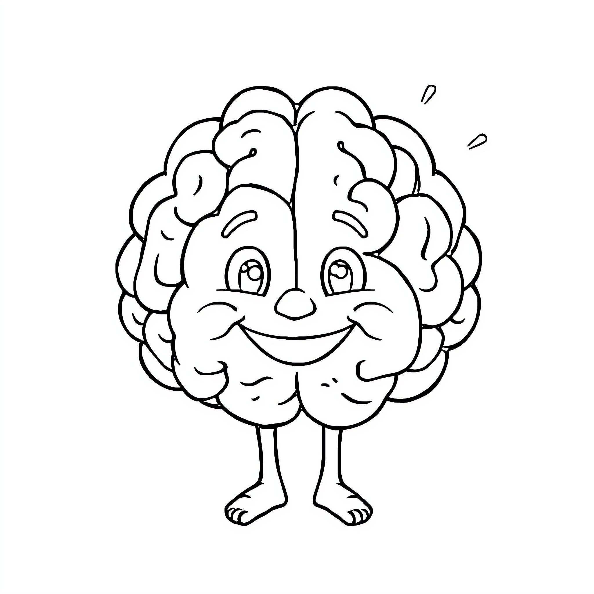 Brain with happy expression and smiling face Coloring Page (free black-and-white line drawing printable PDF for all, from beginners to advanced learners, including children, teens, adults, and seniors)