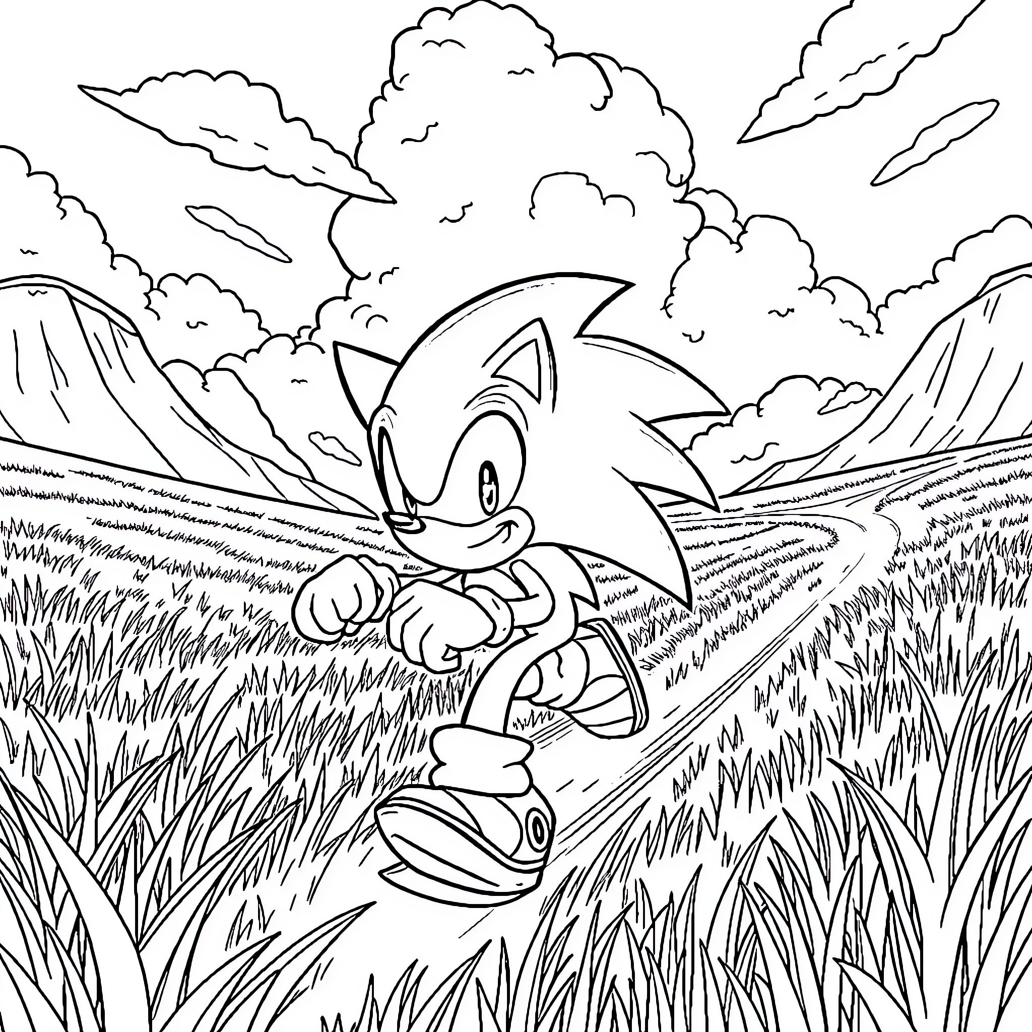 Sonic running through a scenic landscape Coloring Page (free black-and-white line drawing printable PDF for all, from beginners to advanced learners, including children, teens, adults, and seniors)