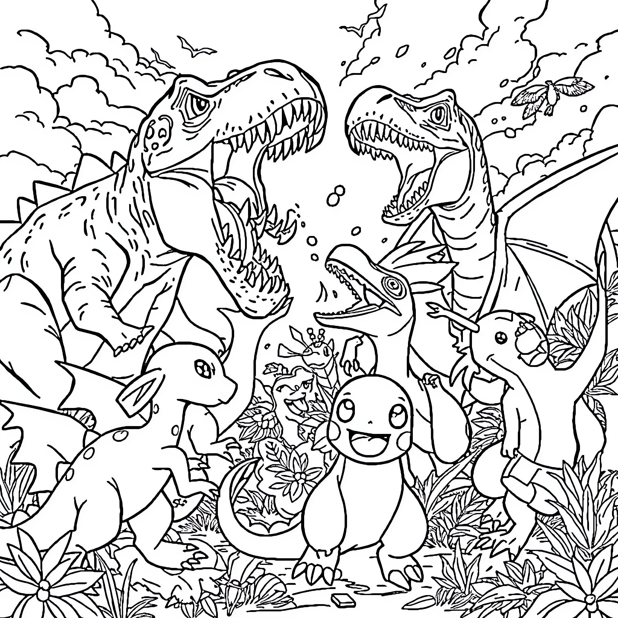 Dinosaur Gathering in Prehistoric Landscape Coloring Page (free black-and-white line drawing printable PDF for all, from beginners to advanced learners, including children, teens, adults, and seniors)